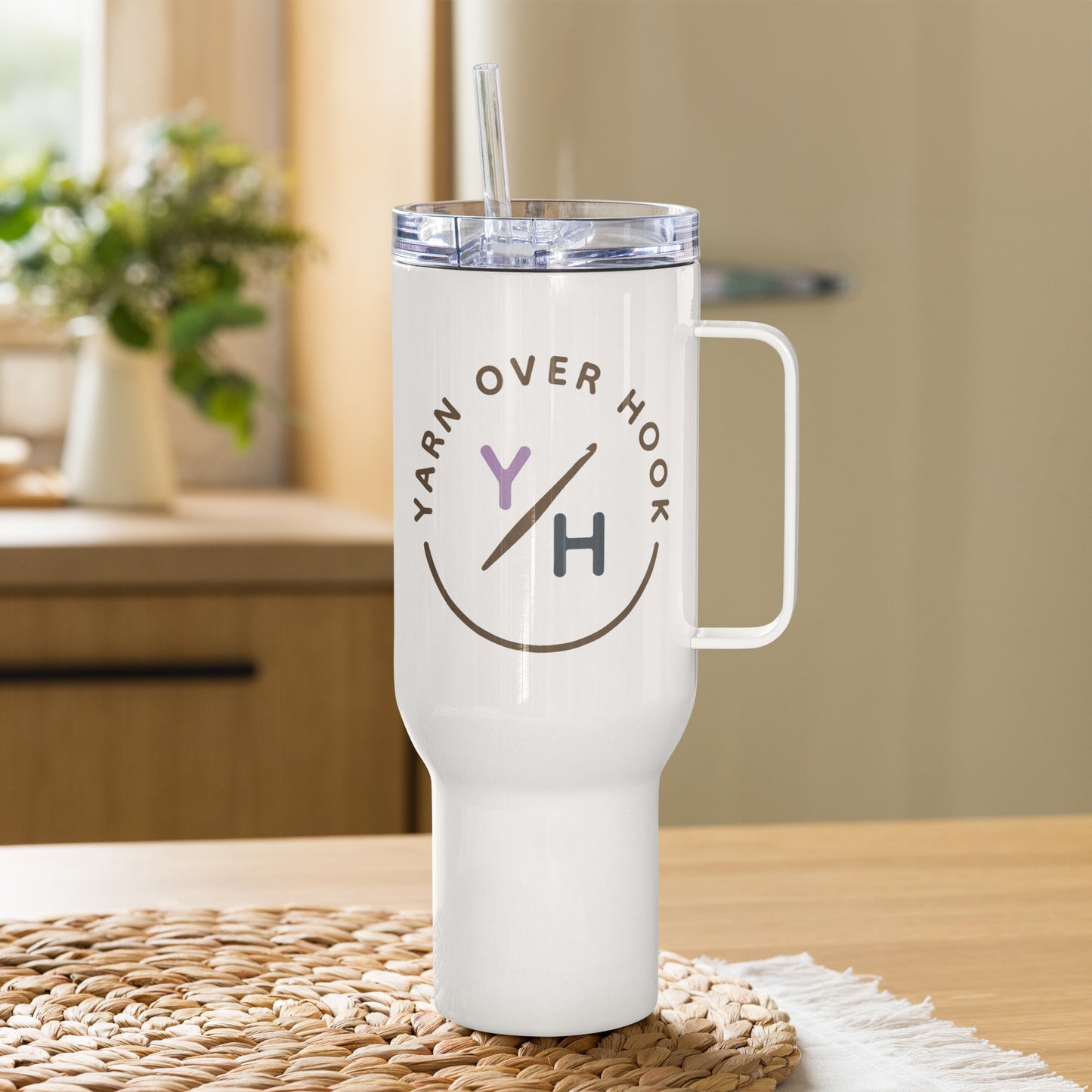 White 40 oz Yarn Over Hook travel mug with handle, clear lid, straw, and crochet logo