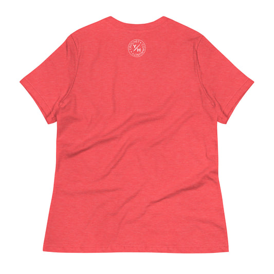 Back of the Heart Crafter women’s relaxed crochet t-shirt in heather red with a small white Yarn Over Hook crochet community logo near the collar.