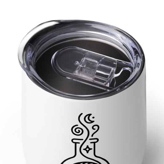 Pattern Alchemist white stainless steel crochet tumbler with black yarn potion bottle design and clear lid.