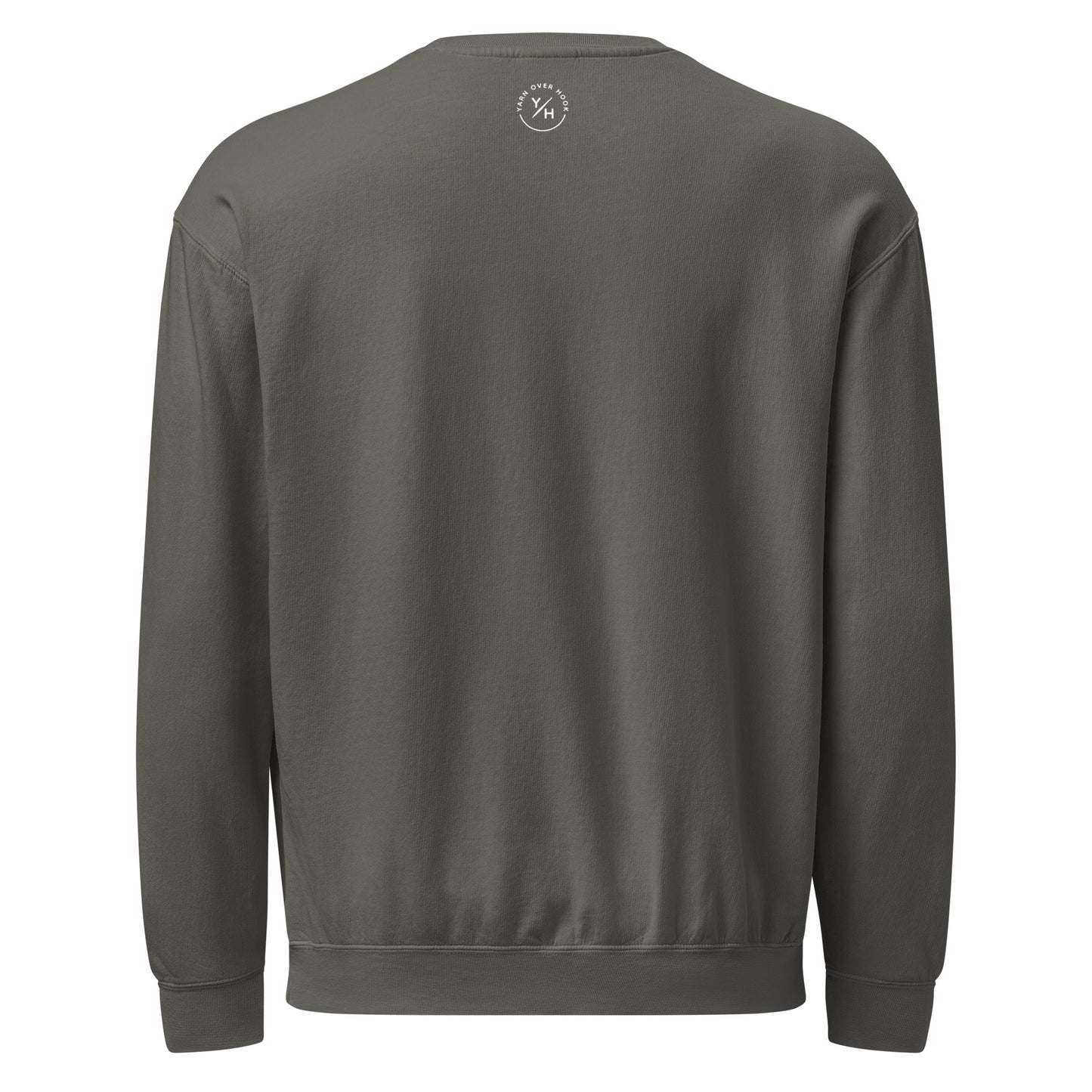Back of a pepper-colored Comfort Colors crewneck showing the white Yarn Over Hook emblem centered just below the collar.