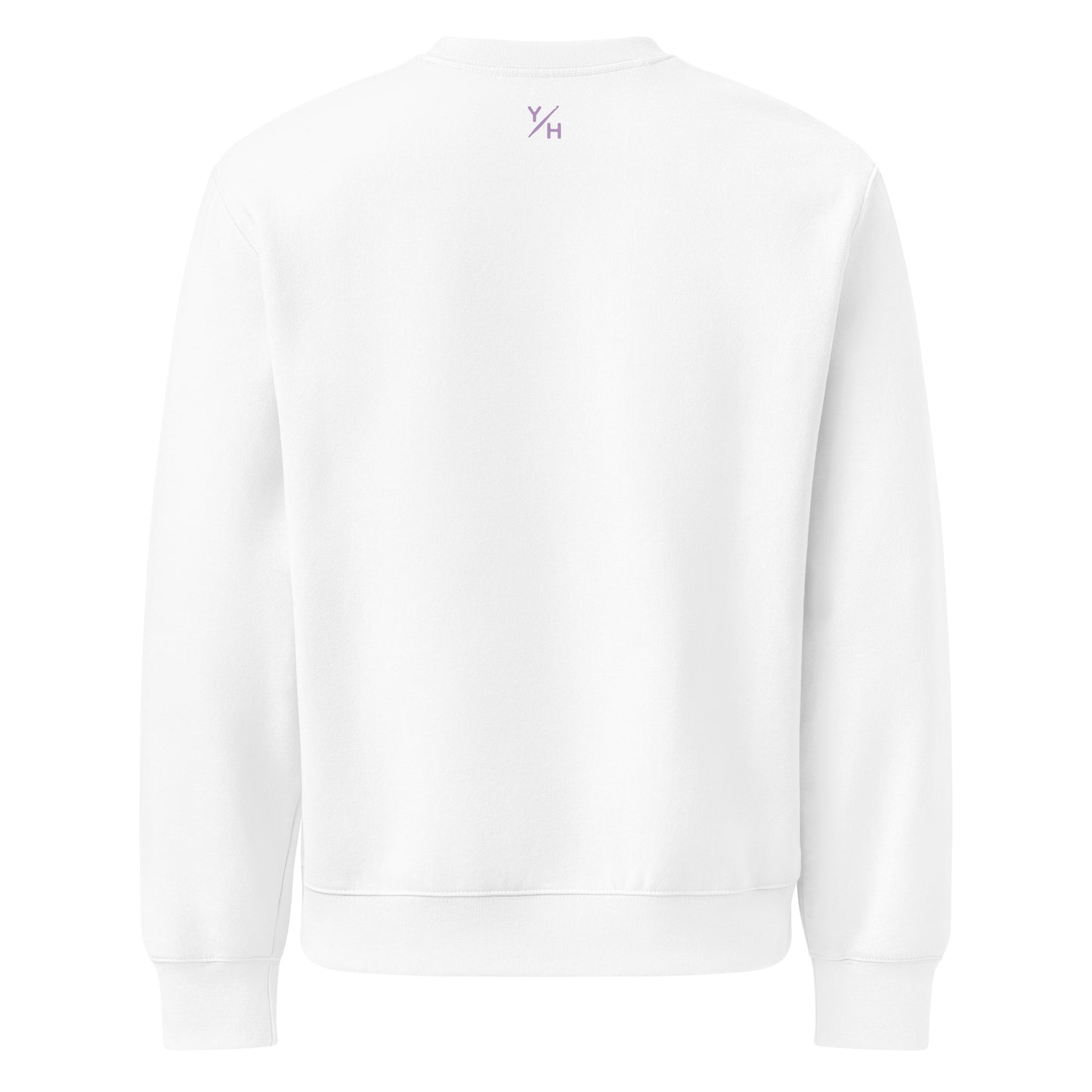 Product Back view of the oversized Looped With Love sweatshirt in white with Y/H Logo Mark