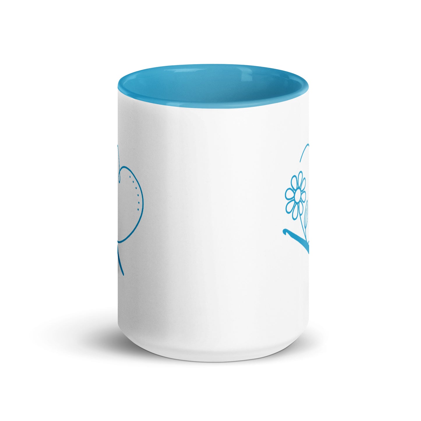White ceramic mug with blue interior and handle featuring a minimalist heart, flower, and crochet hook line-art design