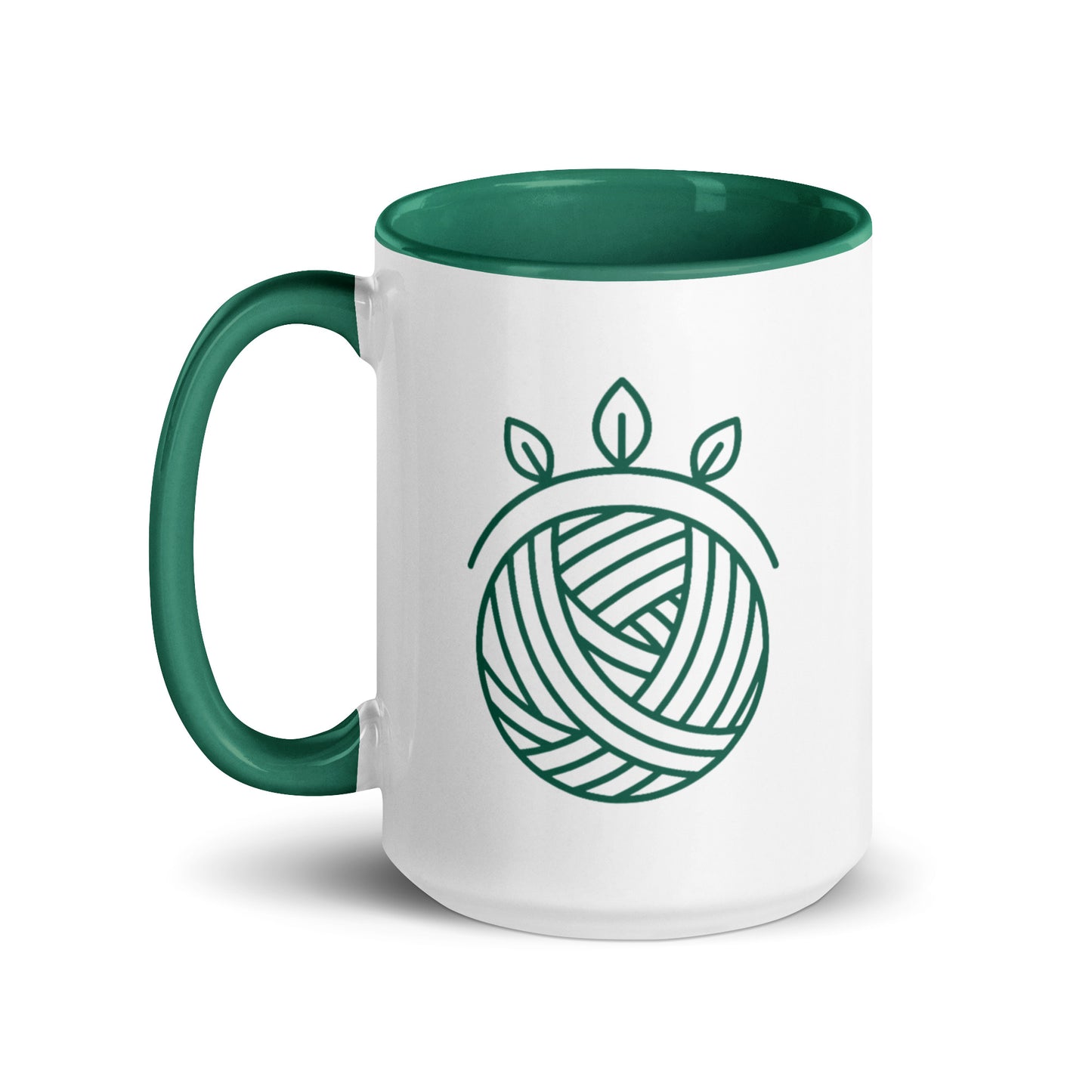 Ceramic mug with green handle and minimalist yarn design – left side view