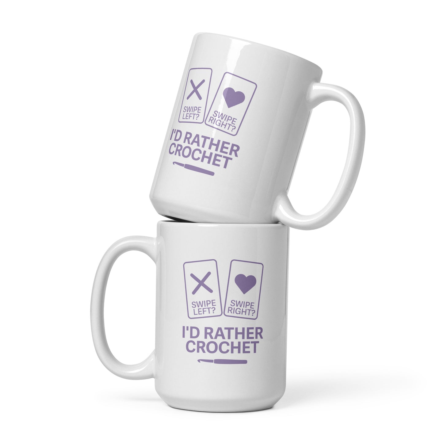 White 15 oz mug with purple ‘I’d Rather Crochet’ design on both sides against neutral background