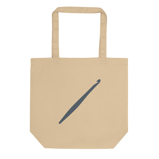 Oyster organic cotton tote bag with a minimal slate crochet hook design printed on the front.