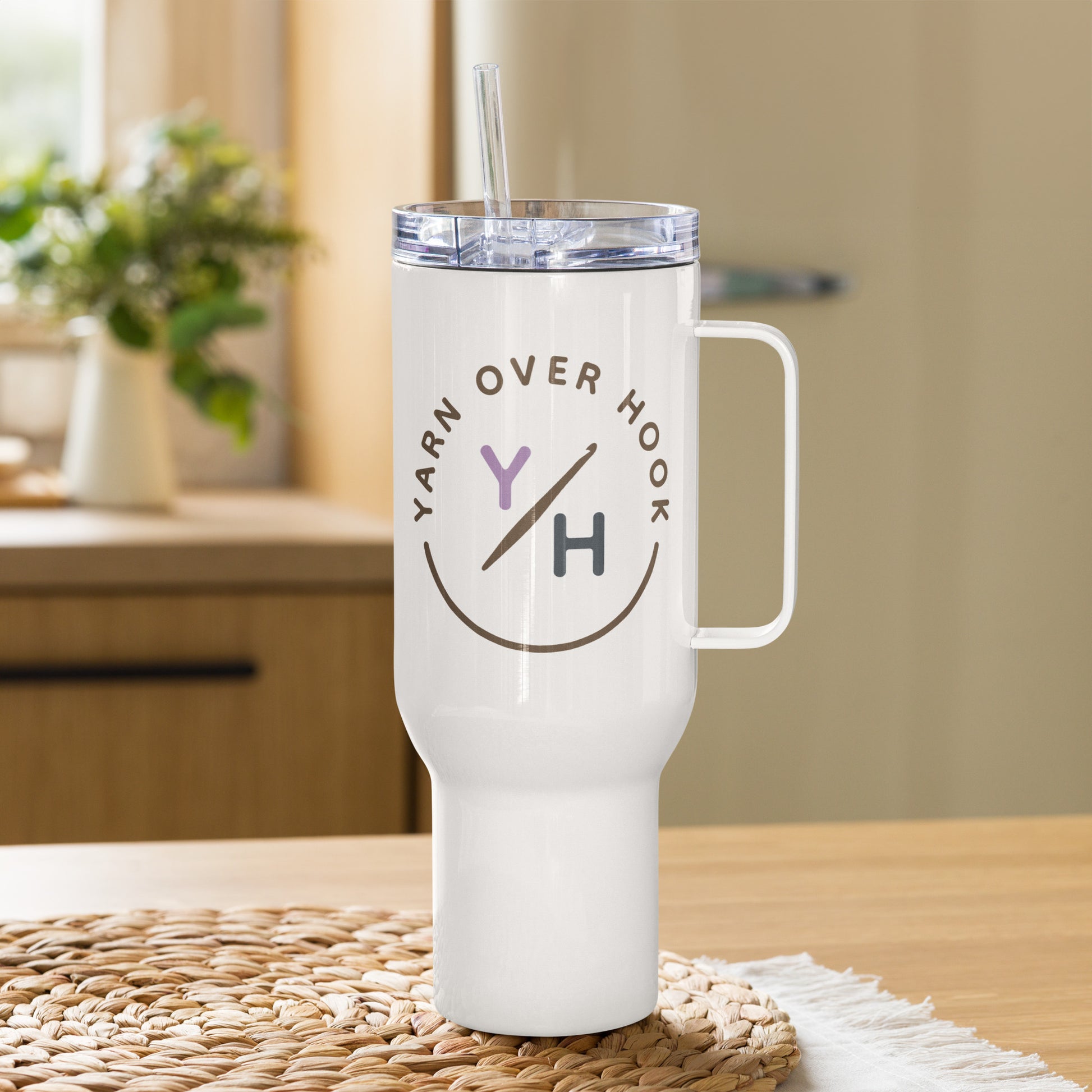 White 40 oz Yarn Over Hook travel mug with handle, clear lid, straw, and crochet logo