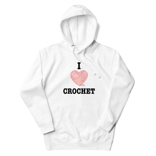 Flat-lay white crochet-themed hoodie with ‘I Heart Crochet’ design and red yarn-heart icon from the Maker Language Collection by Yarn Over Hook