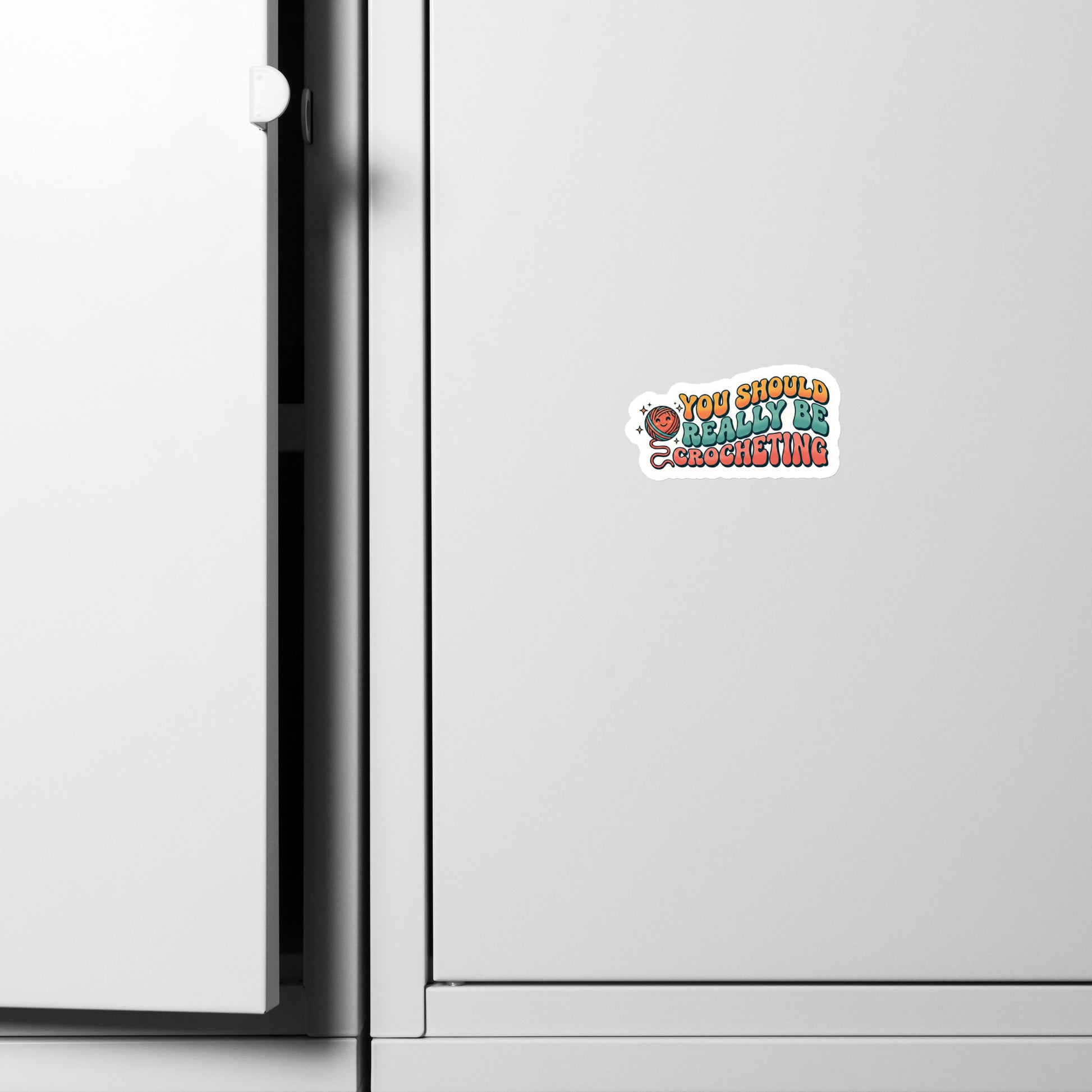 4×4 die-cut magnet featuring retro ‘You Should Really Be Crocheting’ crochet design.