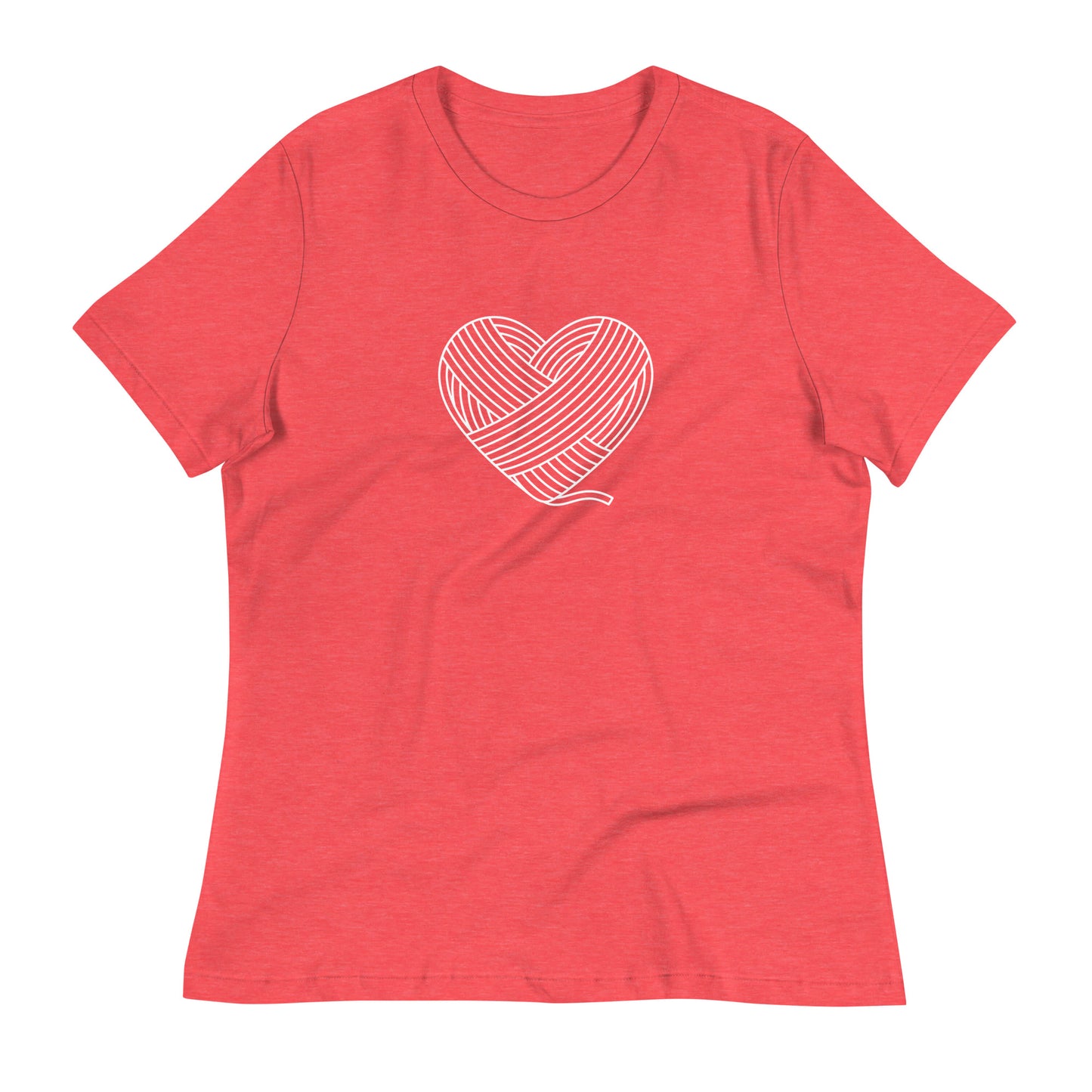 Heart Crafter women’s relaxed crochet t-shirt in heather red with a white yarn heart design on the front.