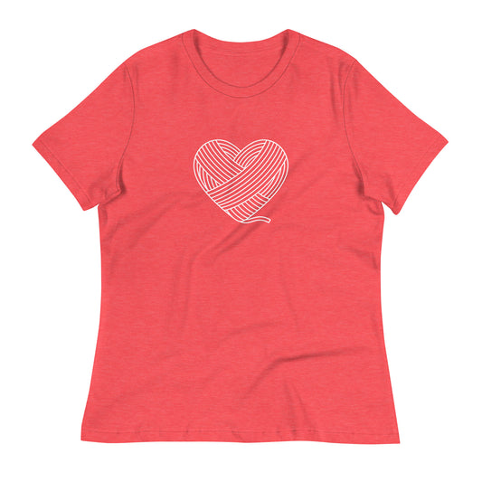 Heart Crafter women’s relaxed crochet t-shirt in heather red with a white yarn heart design on the front.