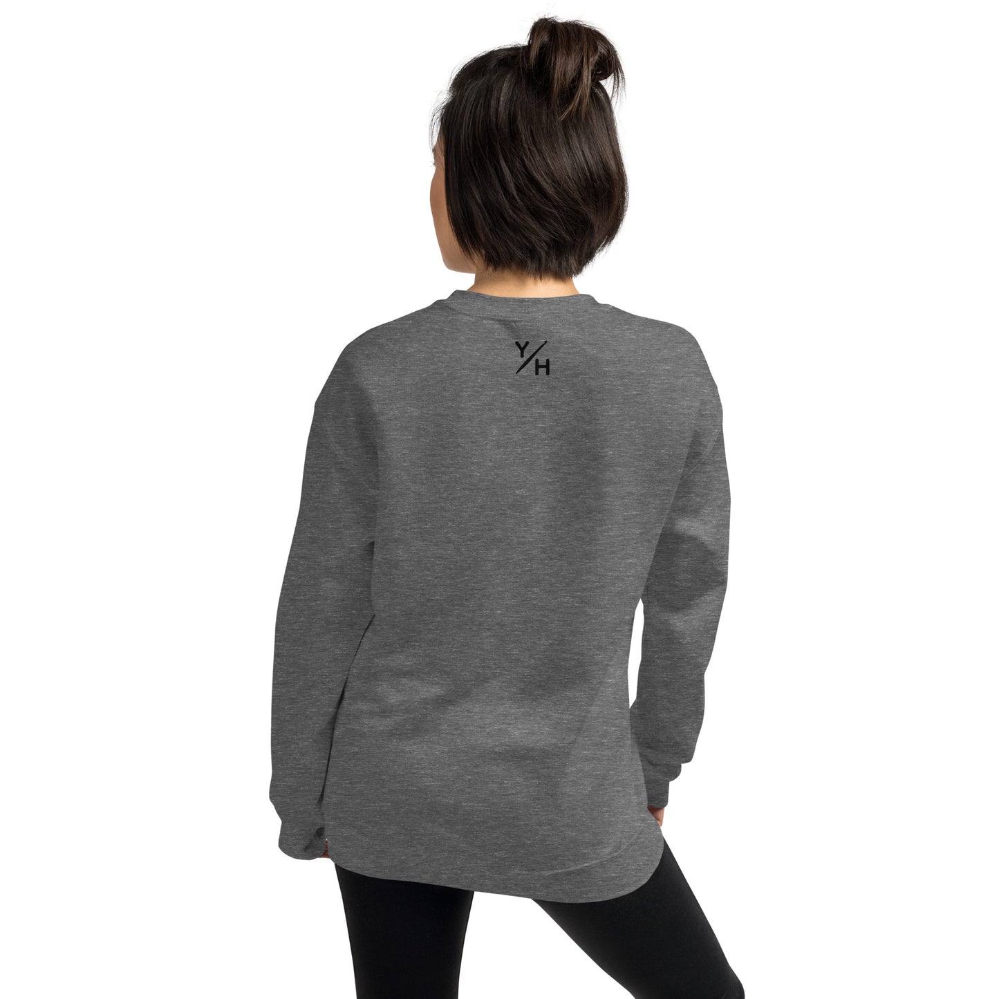 Back of graphite crochet sweatshirt featuring Yarn Over Hook logo label.