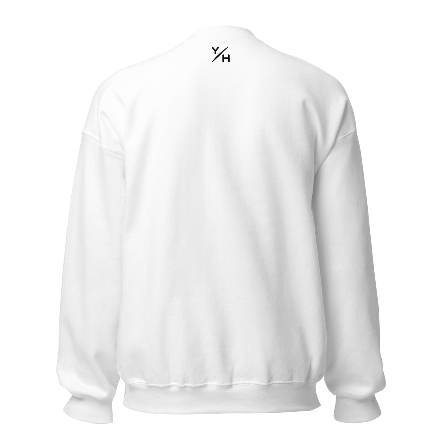 Back of white crochet sweatshirt featuring Yarn Over Hook logo label.