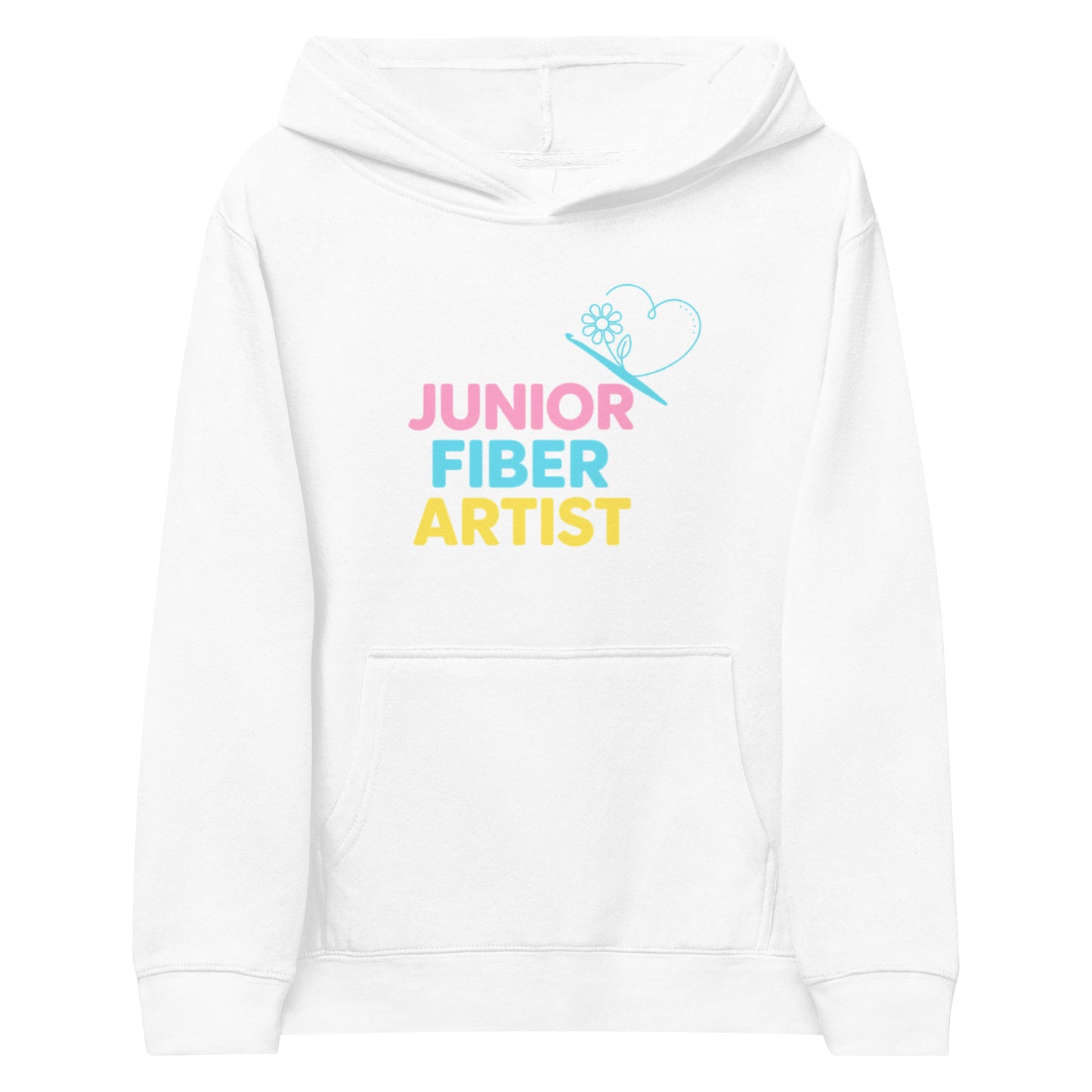 Junior Fiber Artist Kids Fleece Hoodie – front view flat lay with pastel design