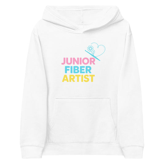 Junior Fiber Artist Kids Fleece Hoodie – front view flat lay with pastel design