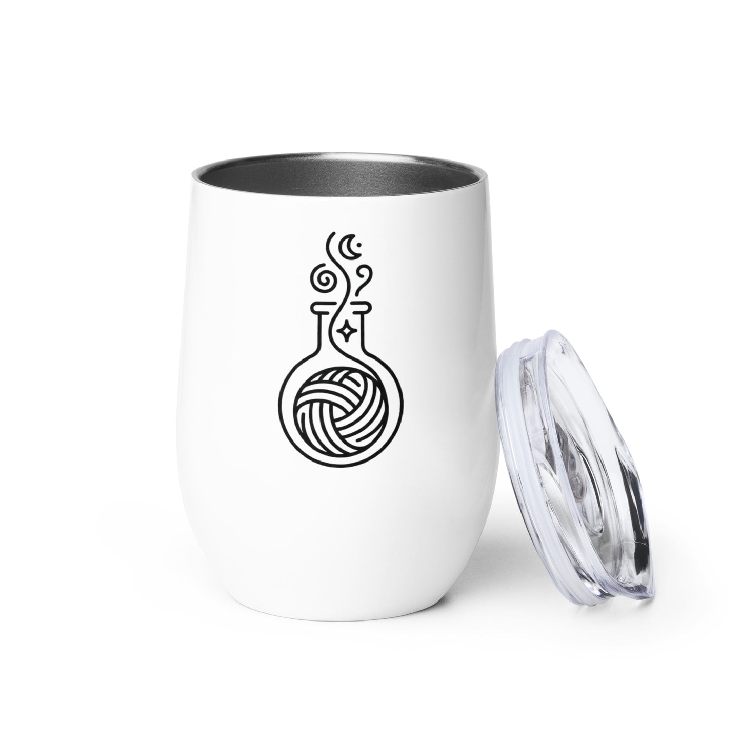 Pattern Alchemist white stainless steel crochet tumbler with black yarn potion bottle design and clear lid.