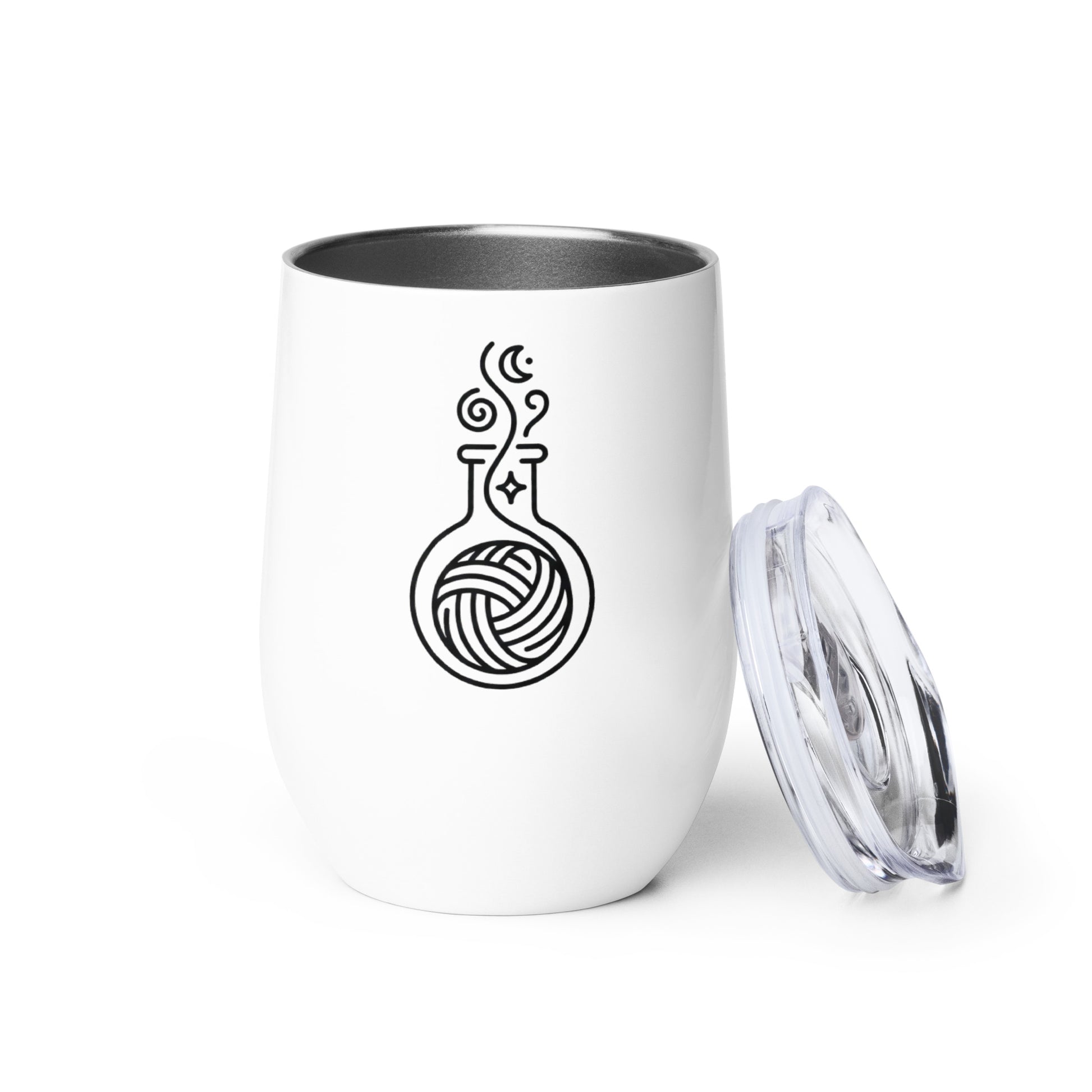 Pattern Alchemist white stainless steel crochet tumbler with black yarn potion bottle design and clear lid.