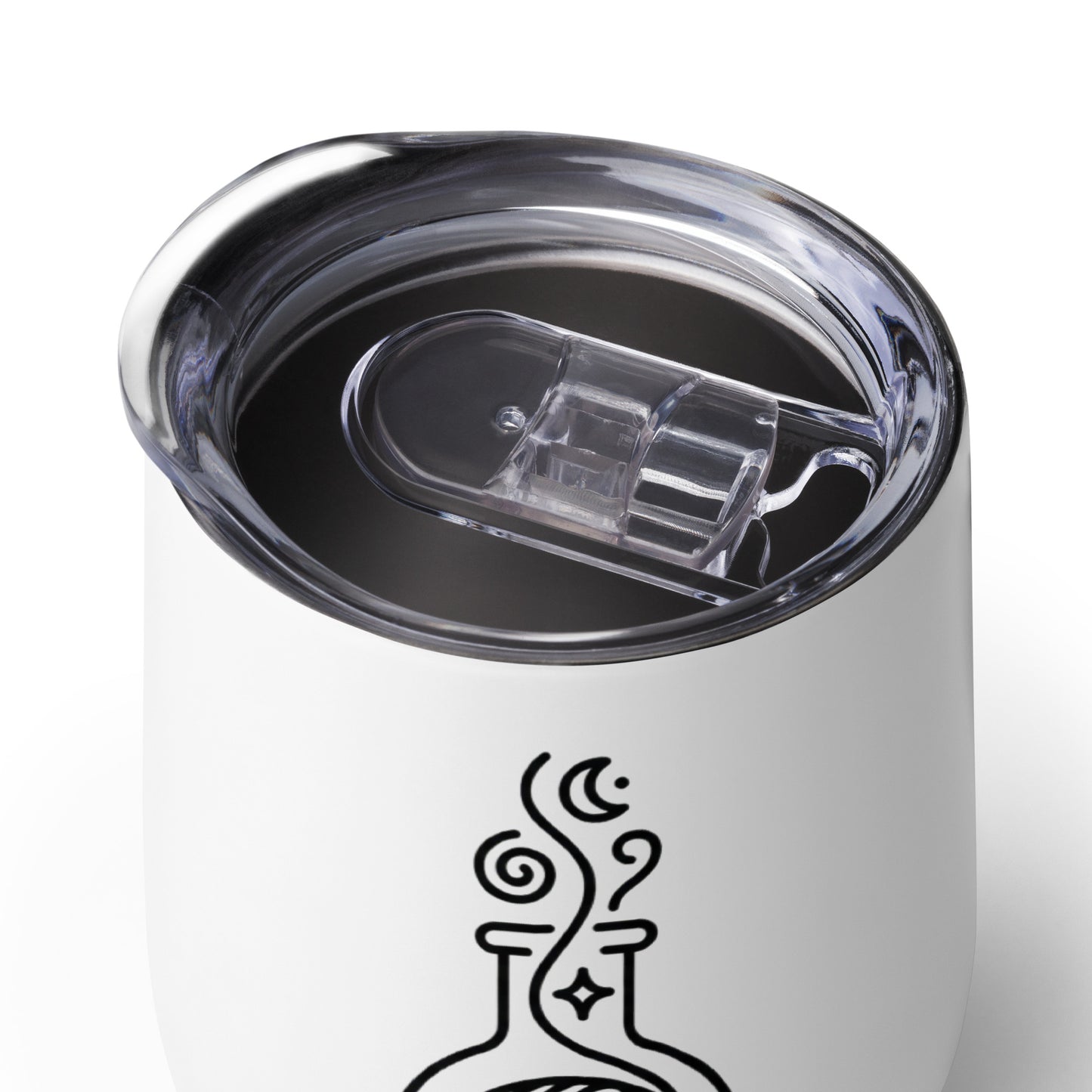 Pattern Alchemist white stainless steel crochet tumbler with black yarn potion bottle design and clear lid.