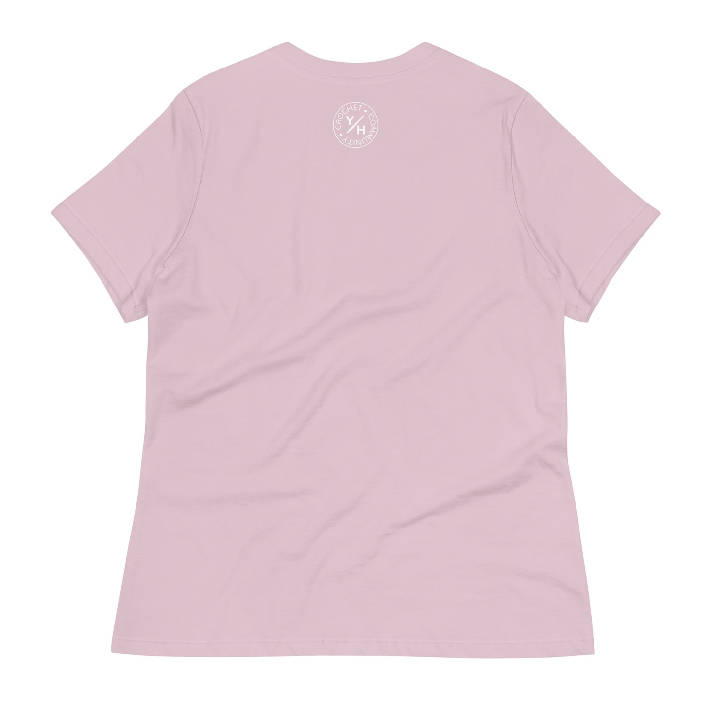 Back of the Pattern Alchemist women’s relaxed crochet t-shirt in light violet with a small white Yarn Over Hook crochet community logo near the collar.