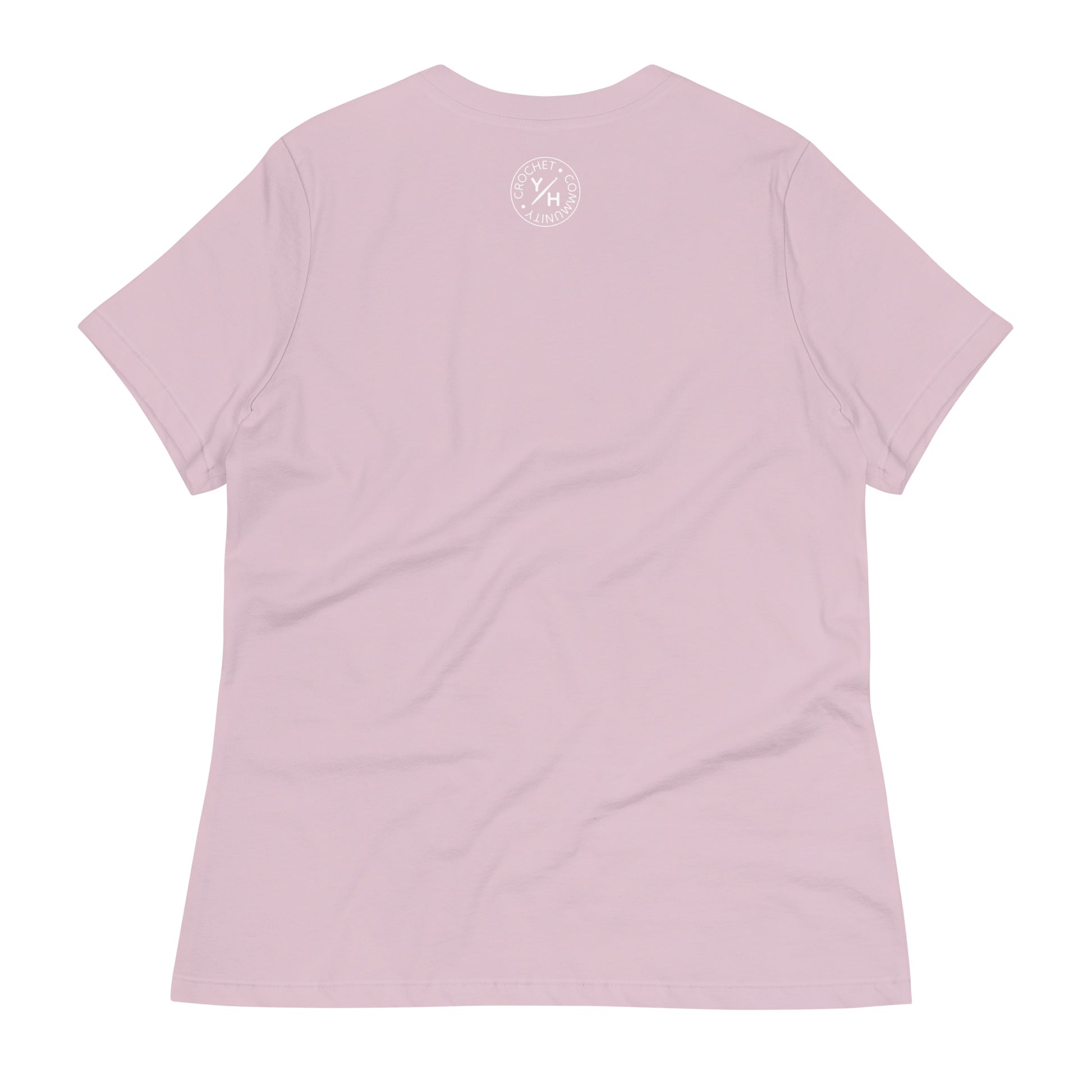 Back of the Pattern Alchemist women’s relaxed crochet t-shirt in light violet with a small white Yarn Over Hook crochet community logo near the collar.