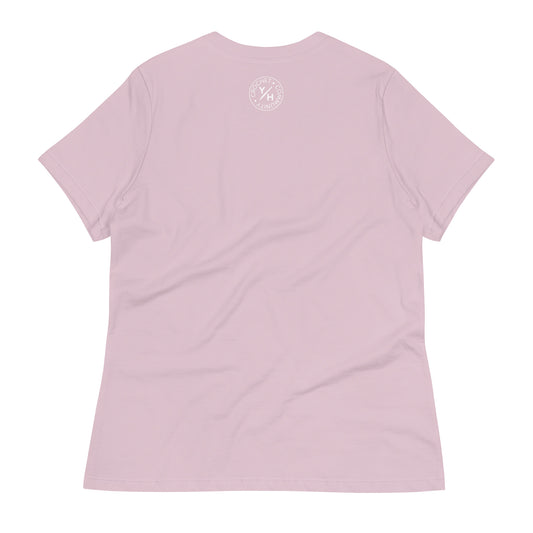 Back of the Pattern Alchemist women’s relaxed crochet t-shirt in light violet with a small white Yarn Over Hook crochet community logo near the collar.