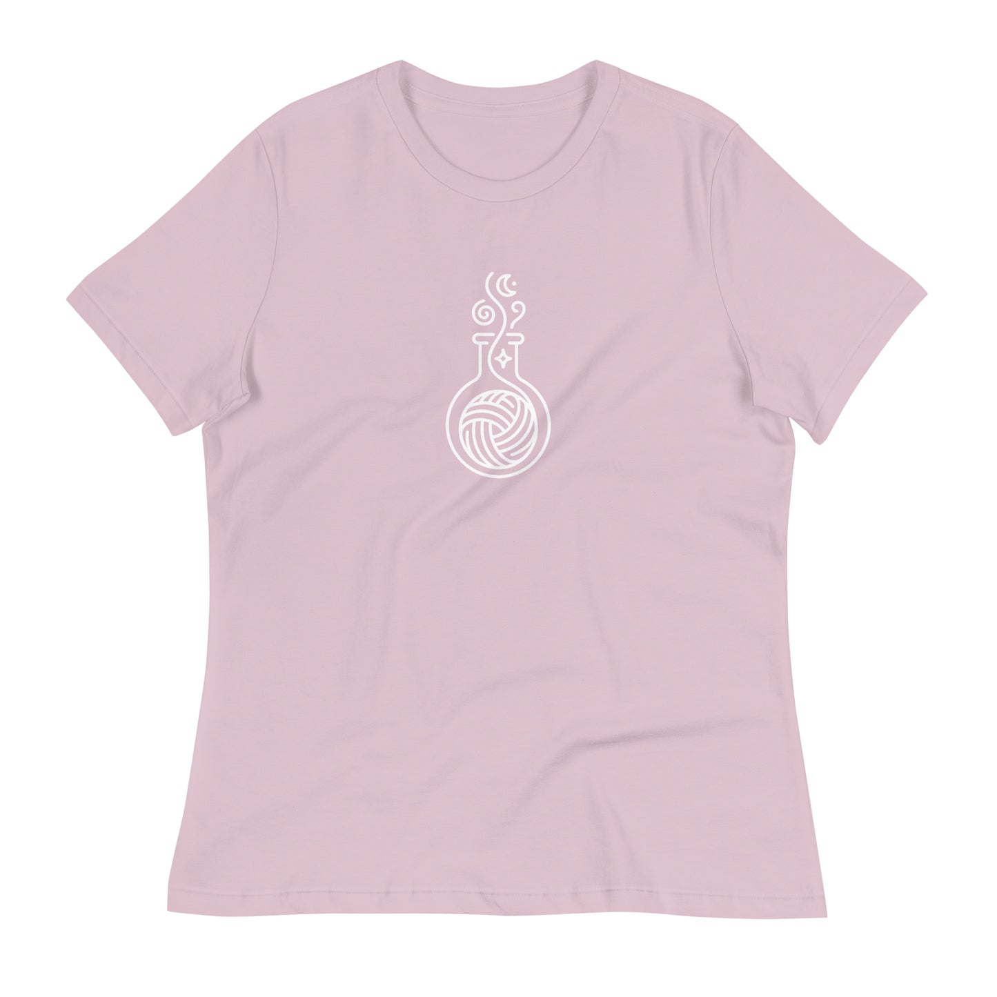 Pattern Alchemist women’s relaxed crochet t-shirt in light violet with a white yarn potion bottle design on the front.