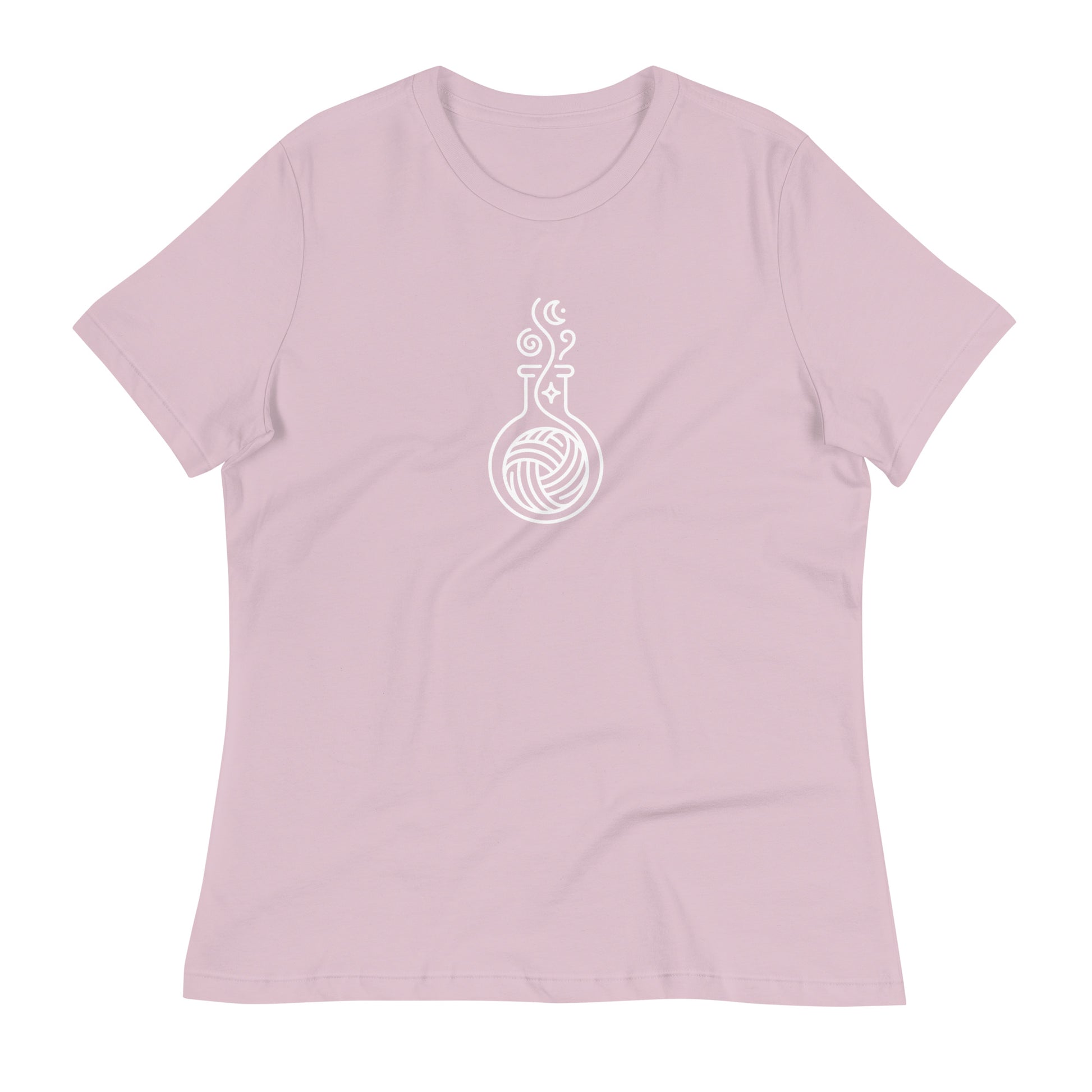 Pattern Alchemist women’s relaxed crochet t-shirt in light violet with a white yarn potion bottle design on the front.