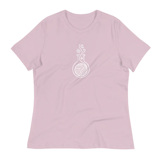 Pattern Alchemist women’s relaxed crochet t-shirt in light violet with a white yarn potion bottle design on the front.