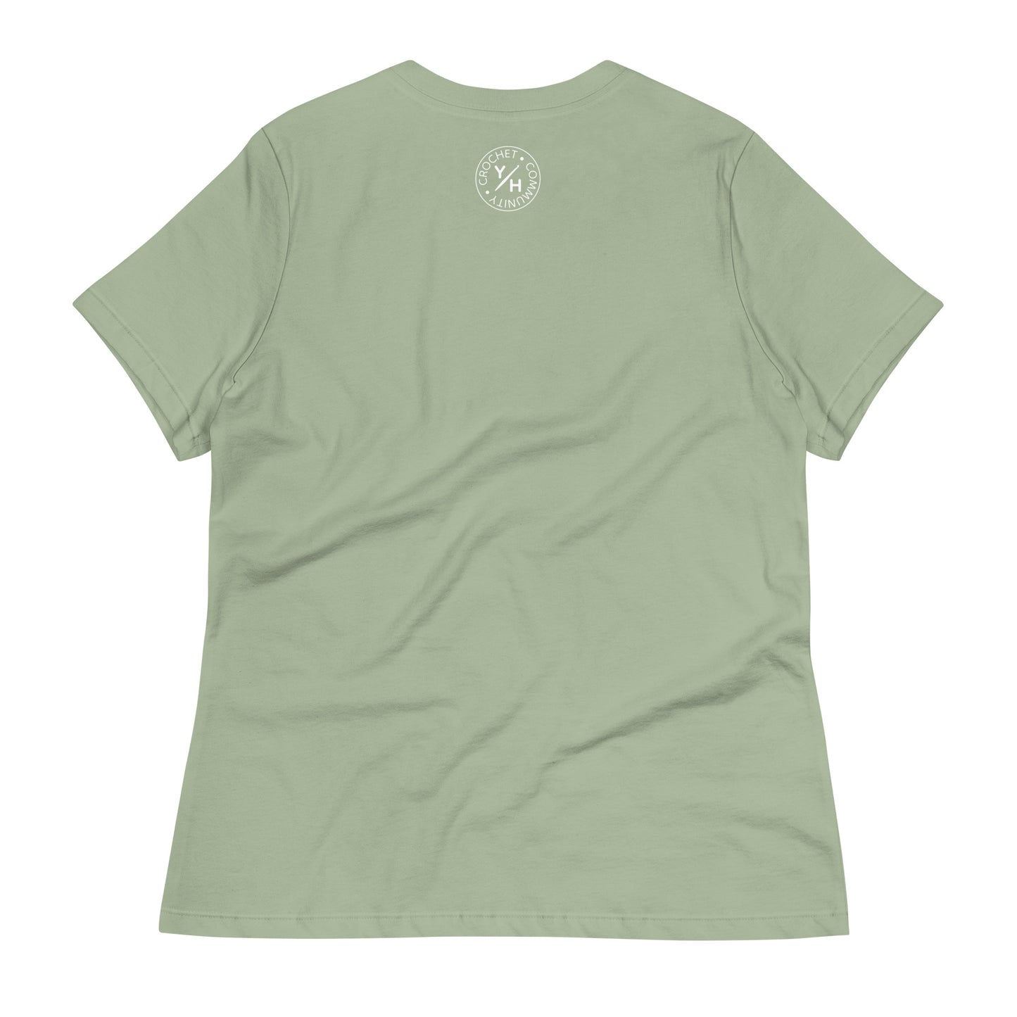 Product Back of the Stitch Sage women’s relaxed crochet t-shirt in sage green with a small white Yarn Over Hook crochet community logo near the collar.