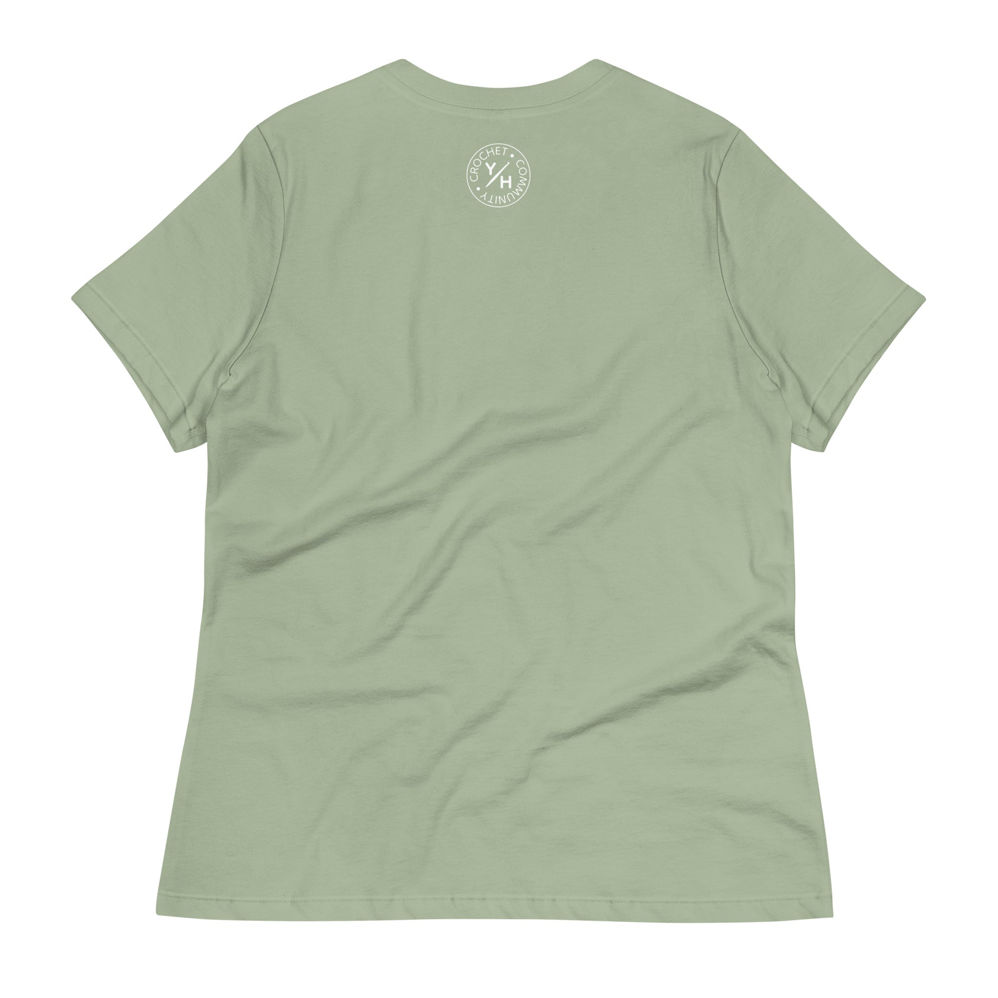 Product Back of the Stitch Sage women’s relaxed crochet t-shirt in sage green with a small white Yarn Over Hook crochet community logo near the collar.