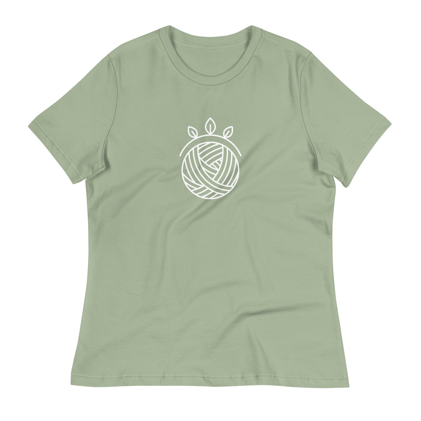 Stitch Sage women’s relaxed crochet t-shirt in sage green with a white yarn ball and leaves design on the front.