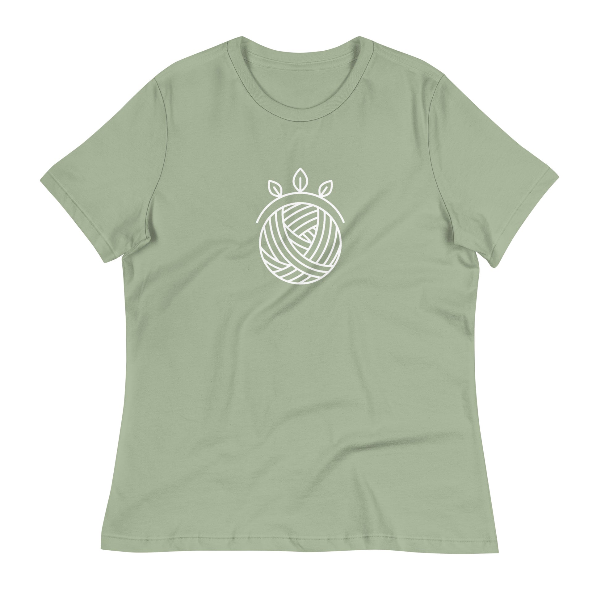 Stitch Sage women’s relaxed crochet t-shirt in sage green with a white yarn ball and leaves design on the front.