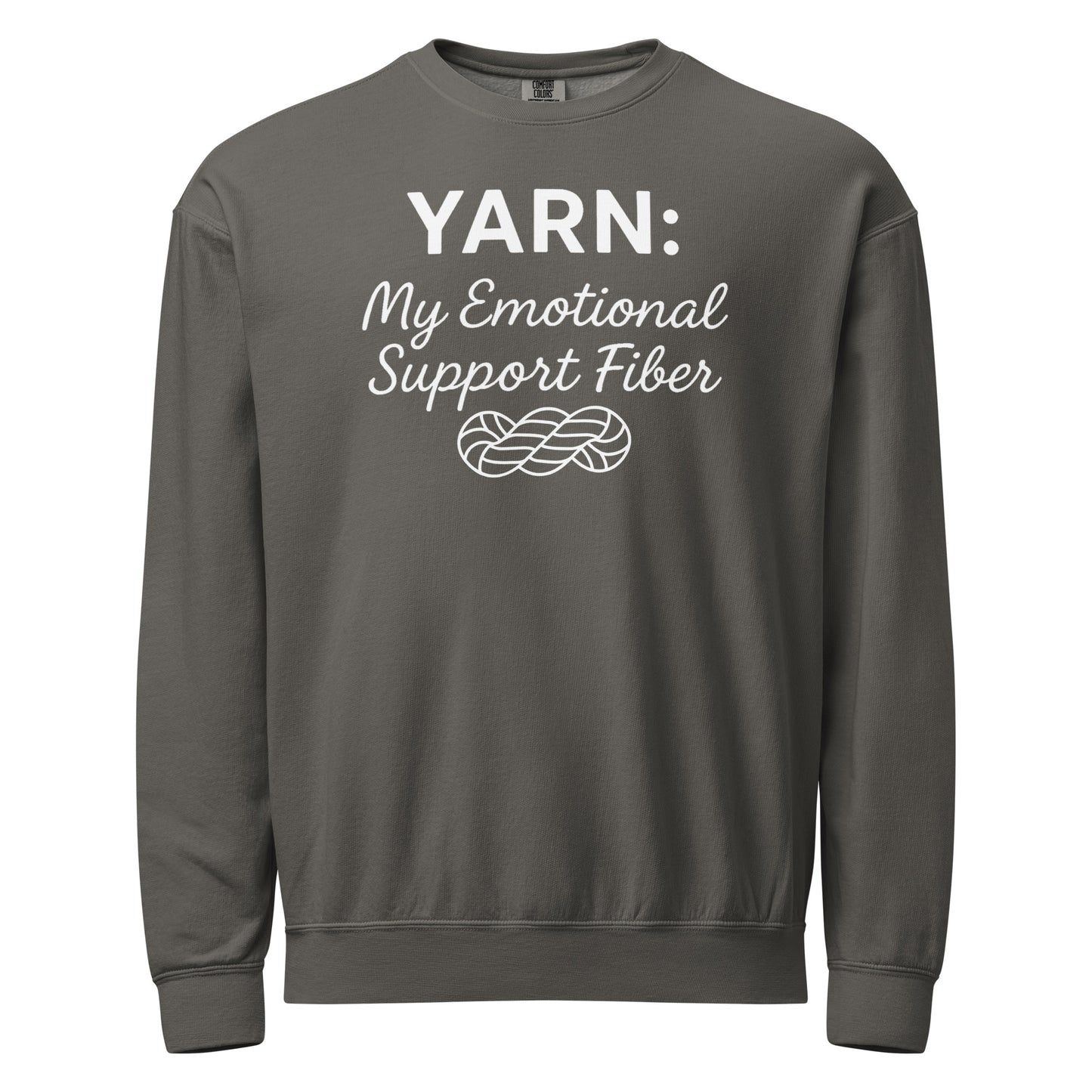 Front view of a pepper Comfort Colors crewneck sweatshirt displaying the white “Yarn: My Emotional Support Fiber” text and yarn skein illustration.