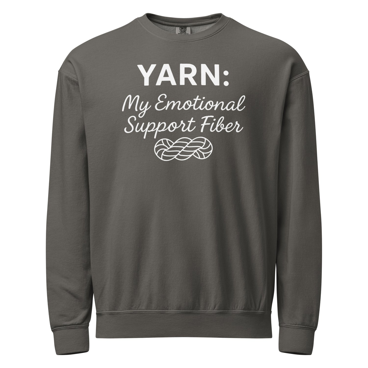 Front view of a pepper Comfort Colors crewneck sweatshirt displaying the white “Yarn: My Emotional Support Fiber” text and yarn skein illustration.