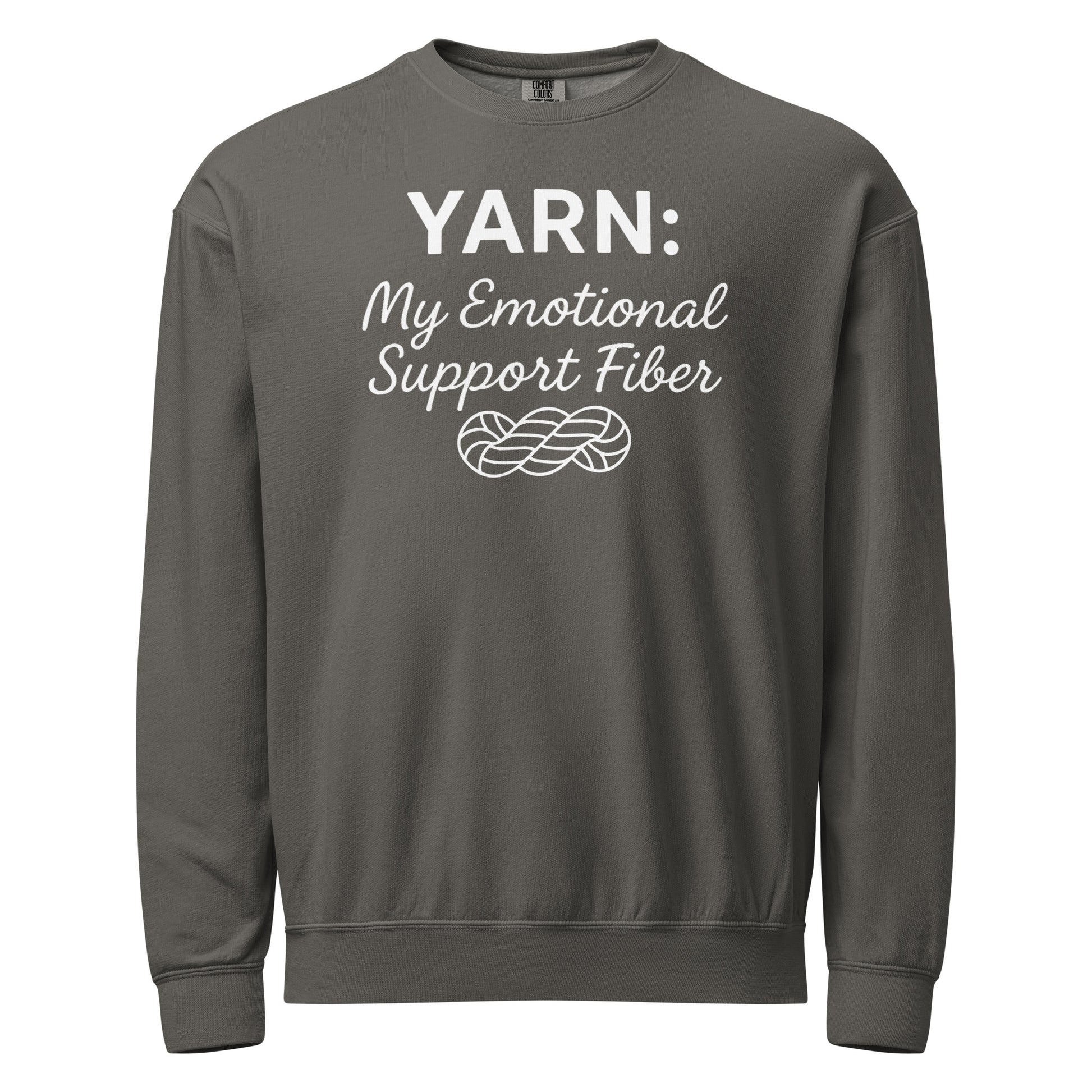 Front view of a pepper Comfort Colors crewneck sweatshirt displaying the white “Yarn: My Emotional Support Fiber” text and yarn skein illustration.