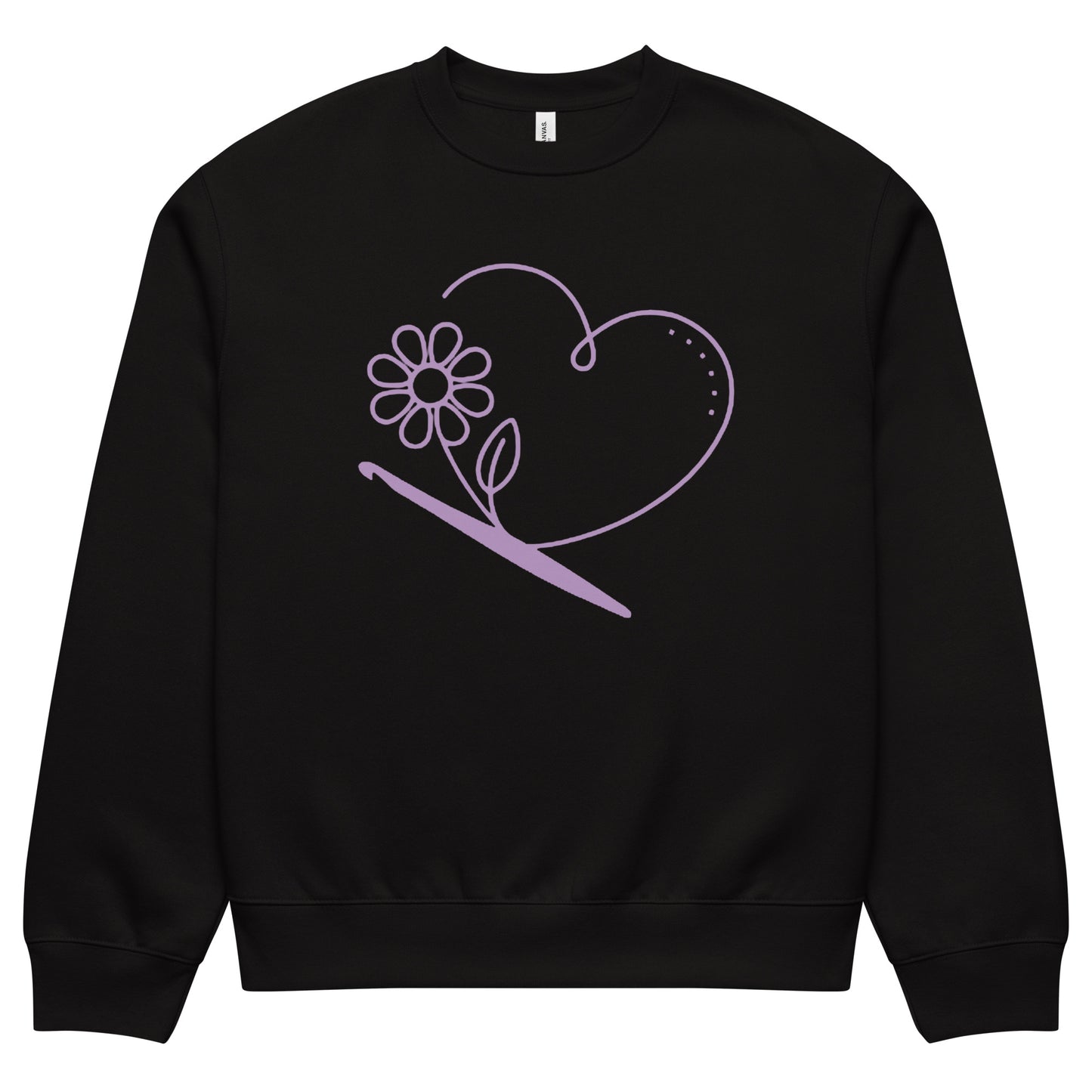 Black oversized unisex sweatshirt featuring the ‘Looped With Love’ minimalist line-art heart, flower, and crochet hook design.