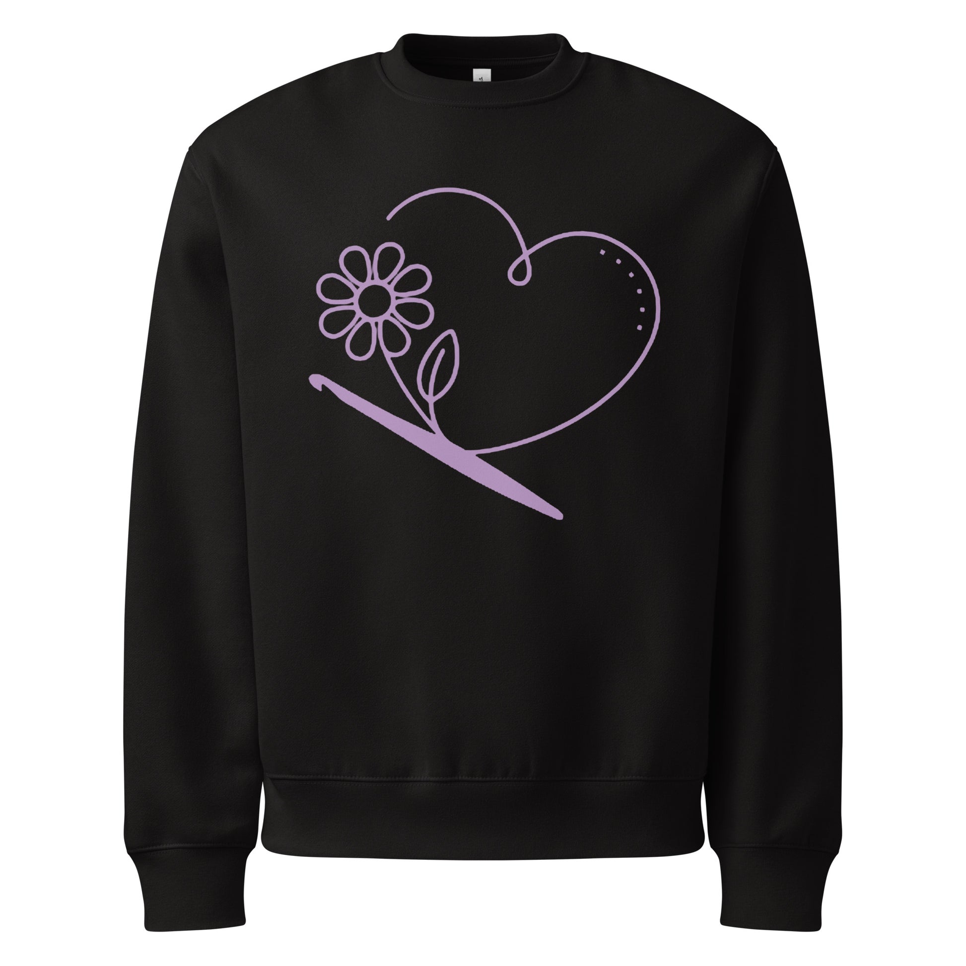 Black oversized unisex sweatshirt featuring the ‘Looped With Love’ minimalist line-art heart, flower, and crochet hook design.