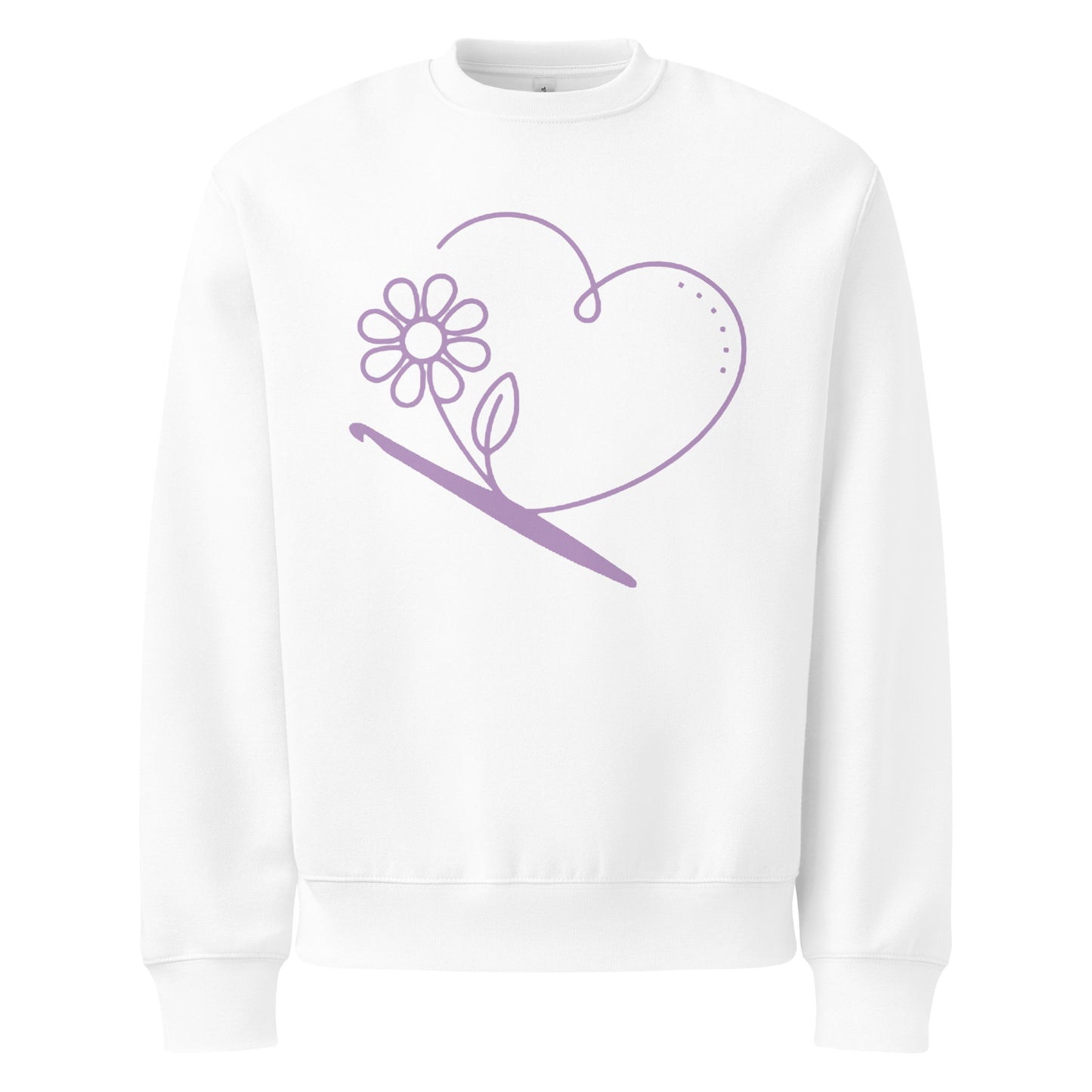 White oversized unisex sweatshirt featuring the ‘Looped With Love’ minimalist line-art heart, flower, and crochet hook design.