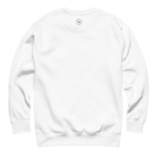 Back view of the white unisex premium sweatshirt featuring a minimal Yarn Over Hook circular logo centered below the neckline on a clean, blank back panel.