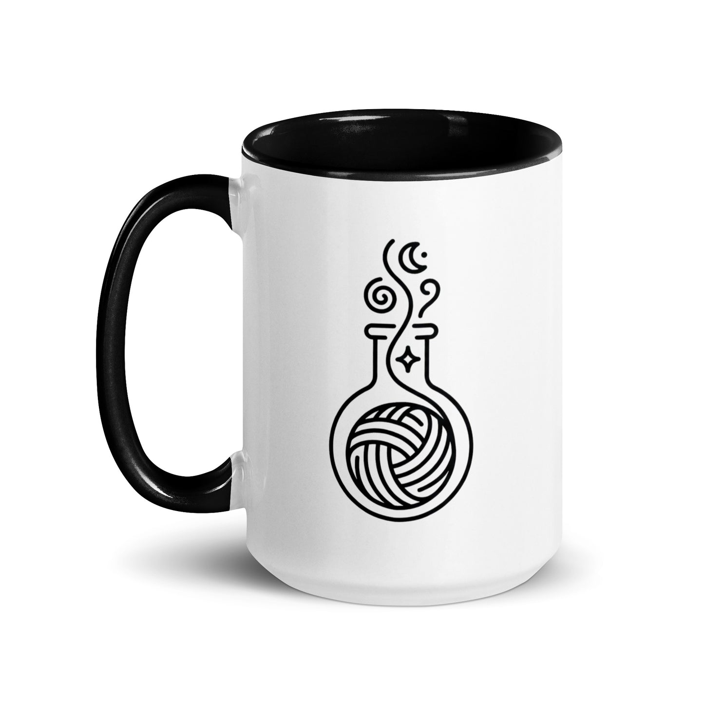 15 oz ceramic mug with black handle and black interior featuring a minimalist yarn ball inside an alchemy-style flask illustration.