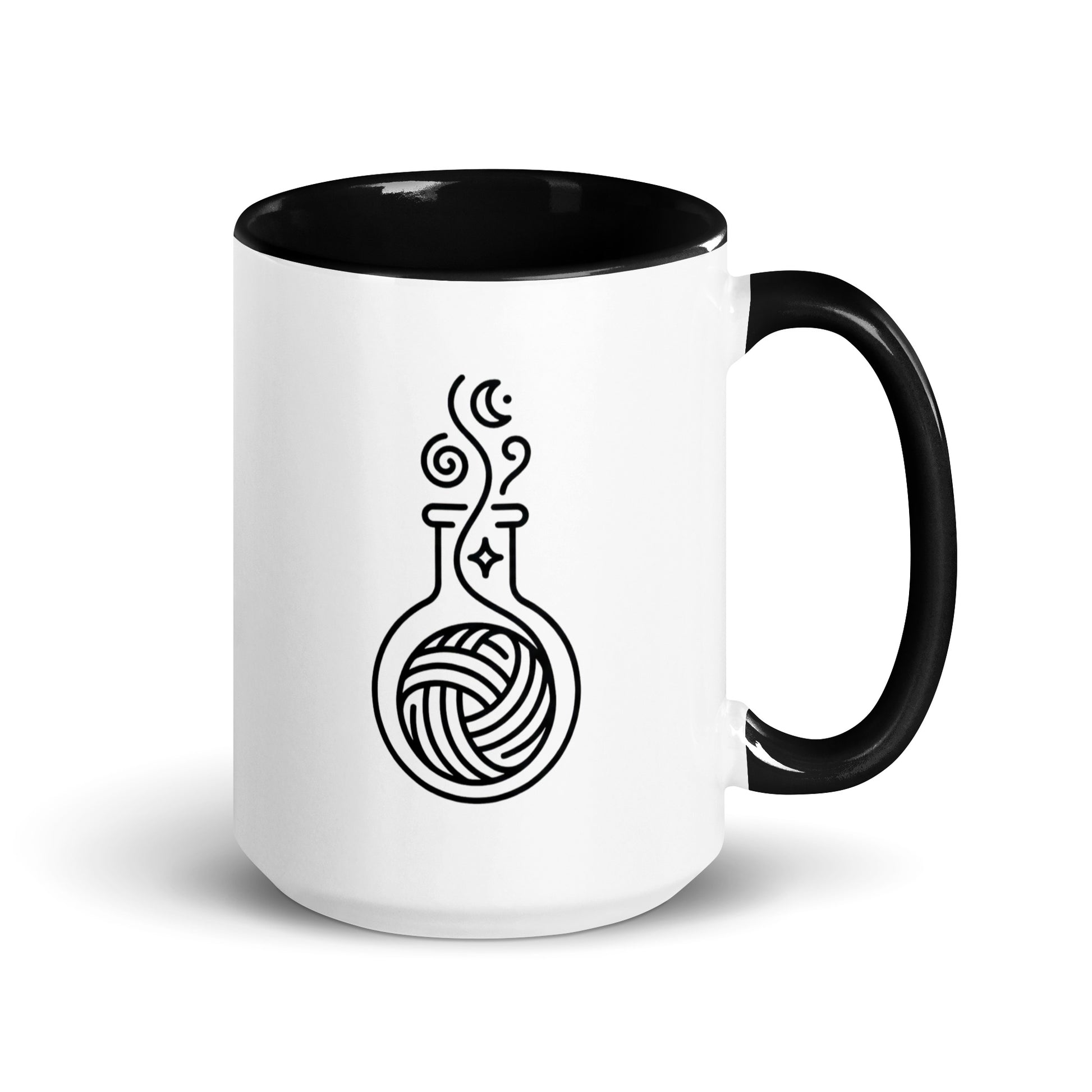 15 oz ceramic mug with black handle and black interior featuring a minimalist yarn ball inside an alchemy-style flask illustration.