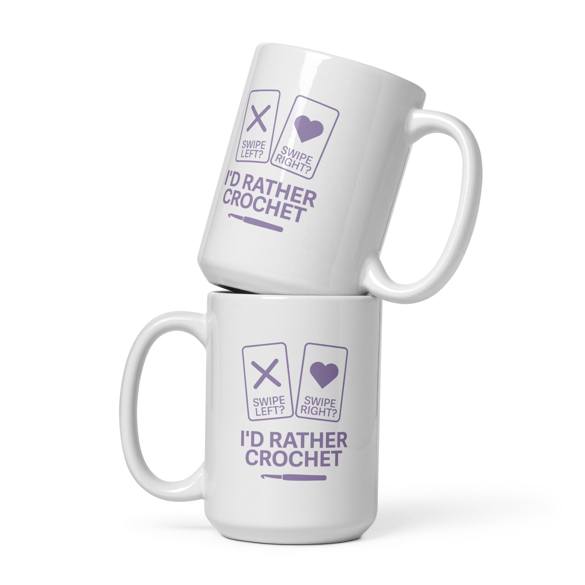 White 15 oz mug with purple ‘I’d Rather Crochet’ design on both sides against neutral background