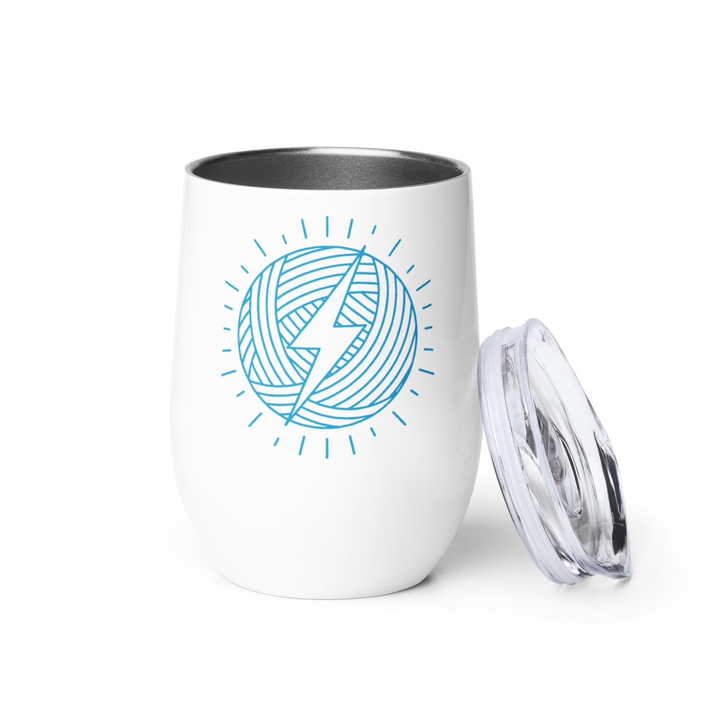 WIP Warrior white stainless steel crochet tumbler with blue lightning yarn ball design and clear lid.