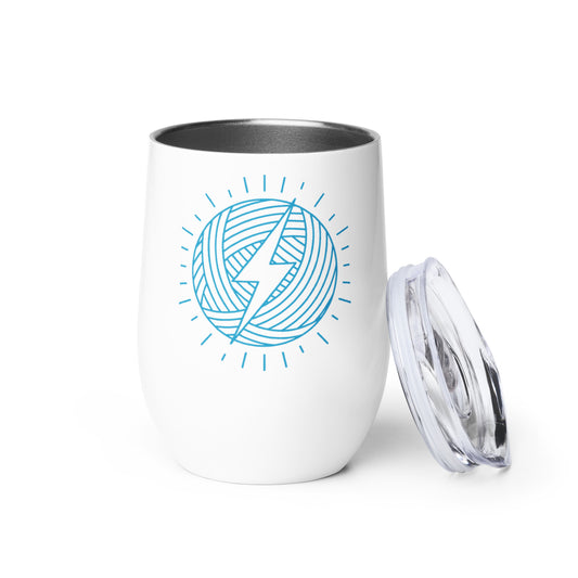 WIP Warrior white stainless steel crochet tumbler with blue lightning yarn ball design and clear lid.