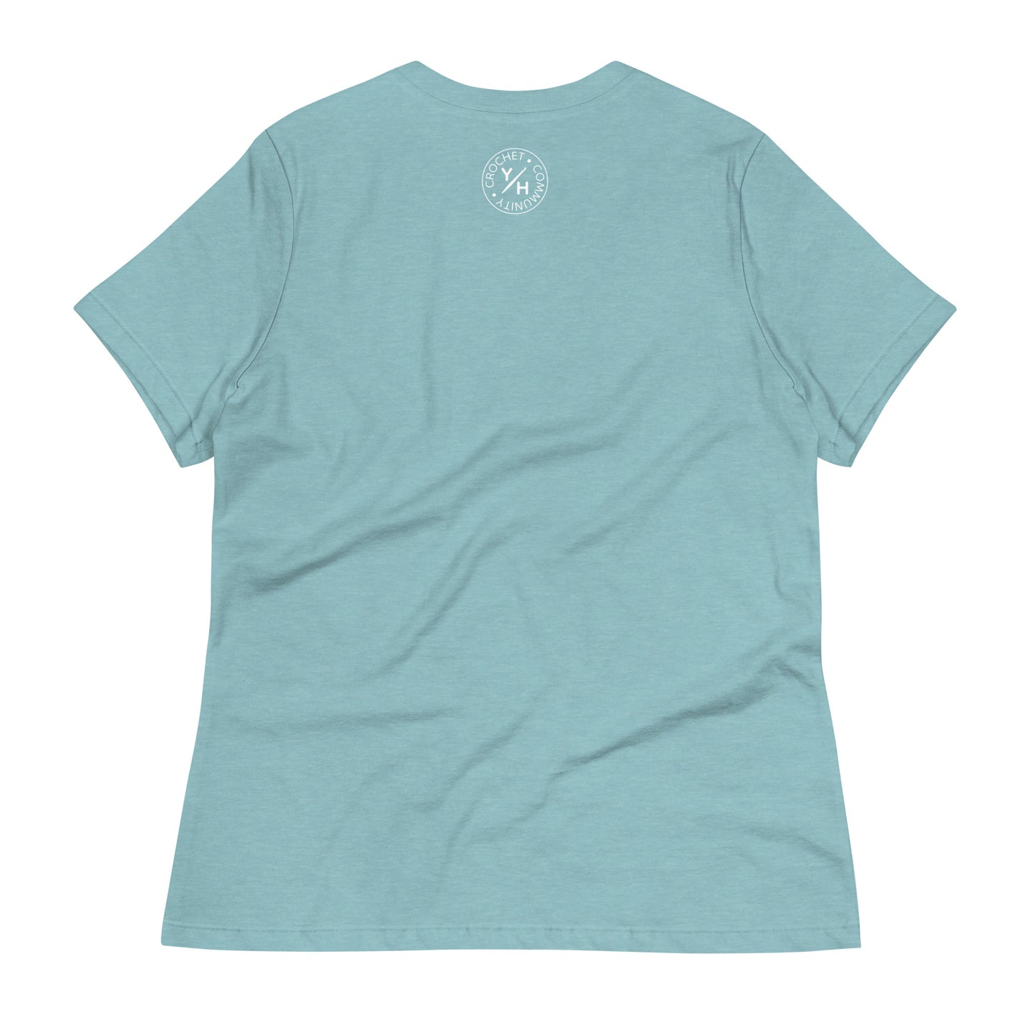 Back of the WIP Warrior women’s relaxed crochet t-shirt in heather blue lagoon with a small white Yarn Over Hook crochet community logo near the collar.