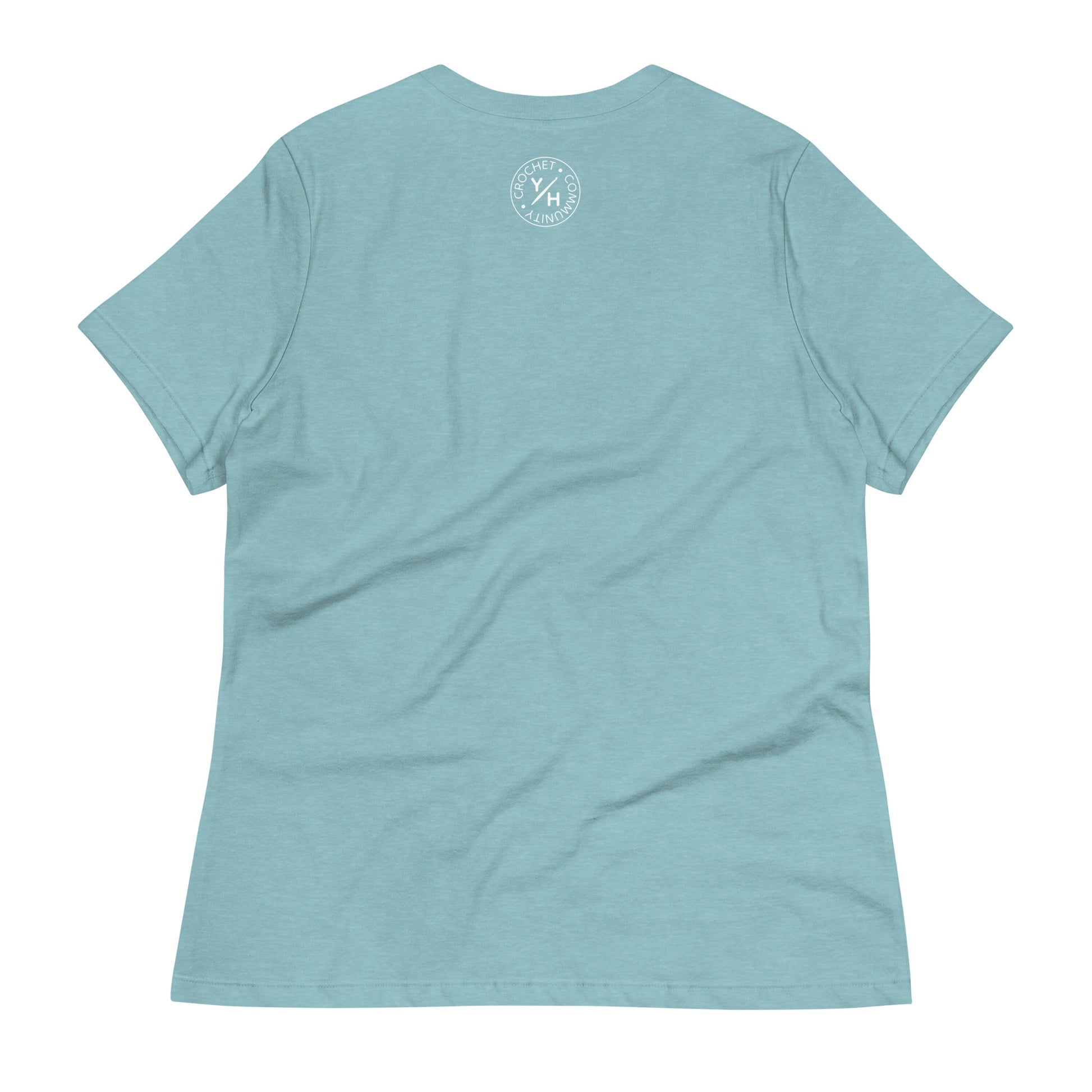 Back of the WIP Warrior women’s relaxed crochet t-shirt in heather blue lagoon with a small white Yarn Over Hook crochet community logo near the collar.