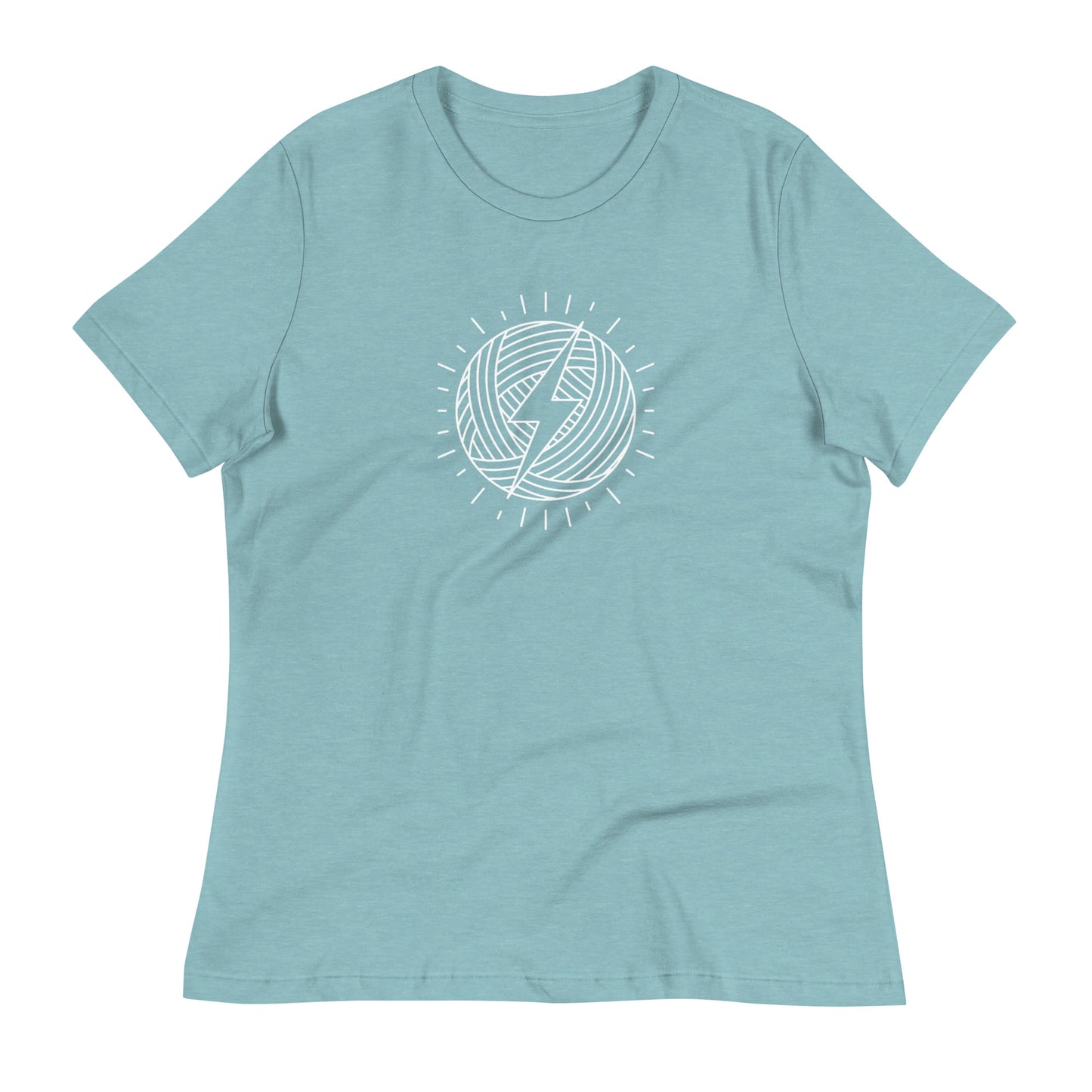 WIP Warrior women’s relaxed crochet t-shirt in heather blue lagoon with a white lightning yarn ball design on the front.