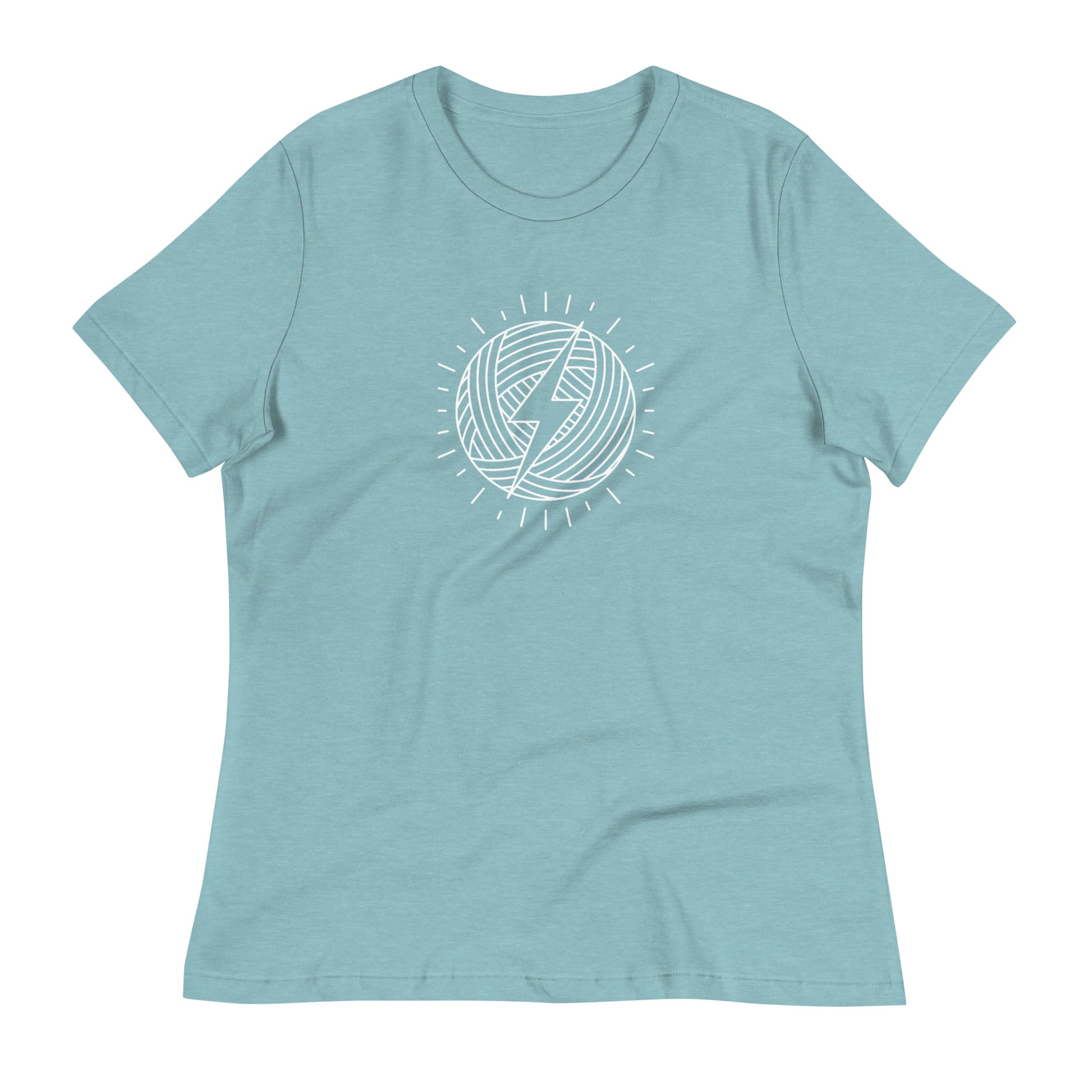 WIP Warrior women’s relaxed crochet t-shirt in heather blue lagoon with a white lightning yarn ball design on the front.