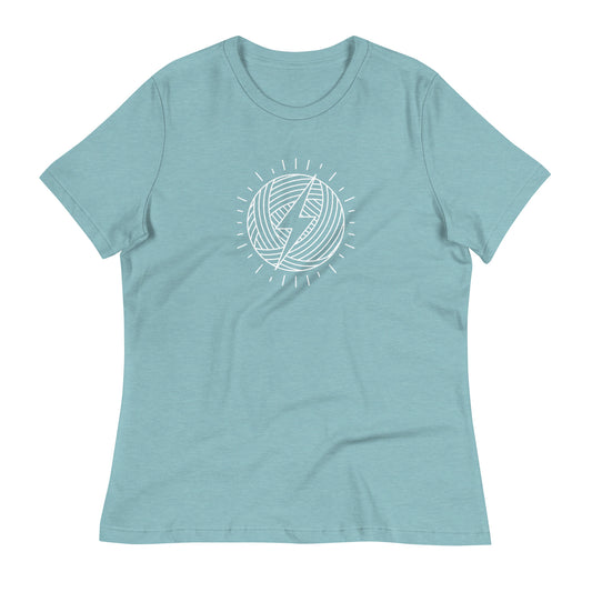 WIP Warrior women’s relaxed crochet t-shirt in heather blue lagoon with a white lightning yarn ball design on the front.