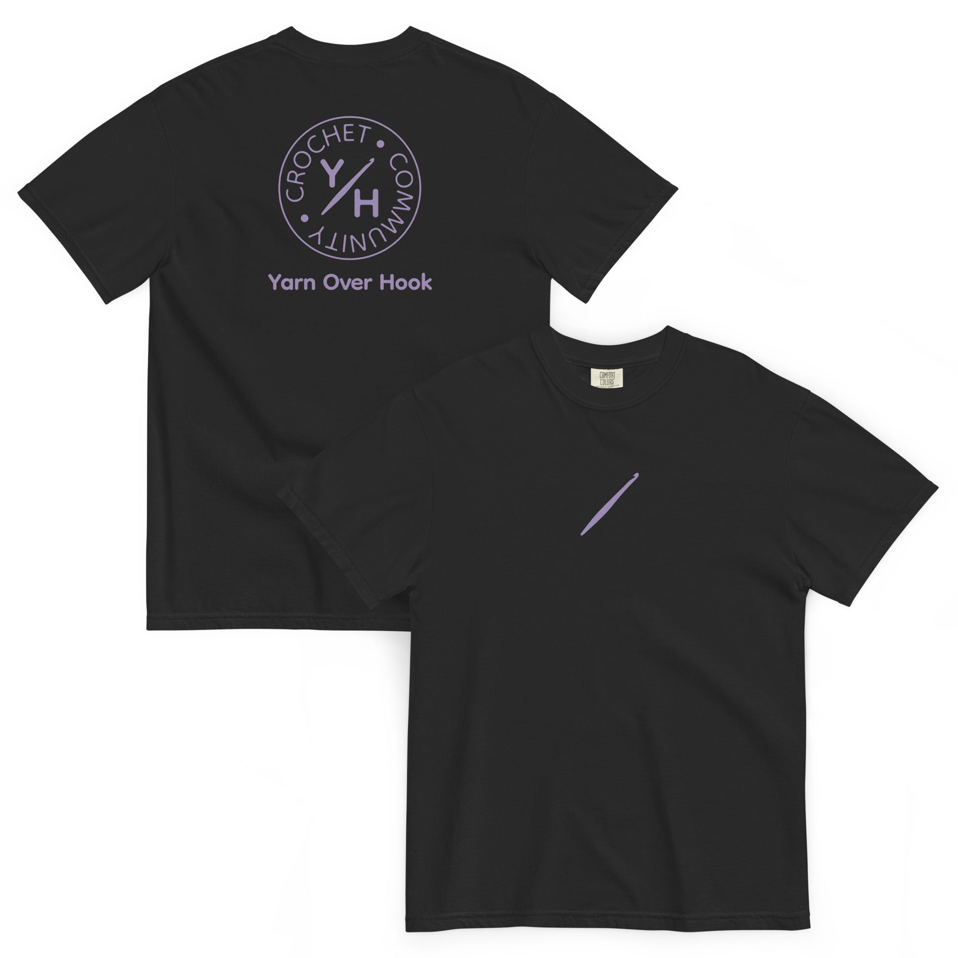 Black Comfort Colors t-shirt with a purple crochet hook on the front and Yarn Over Hook Crochet Community logo printed on the back.