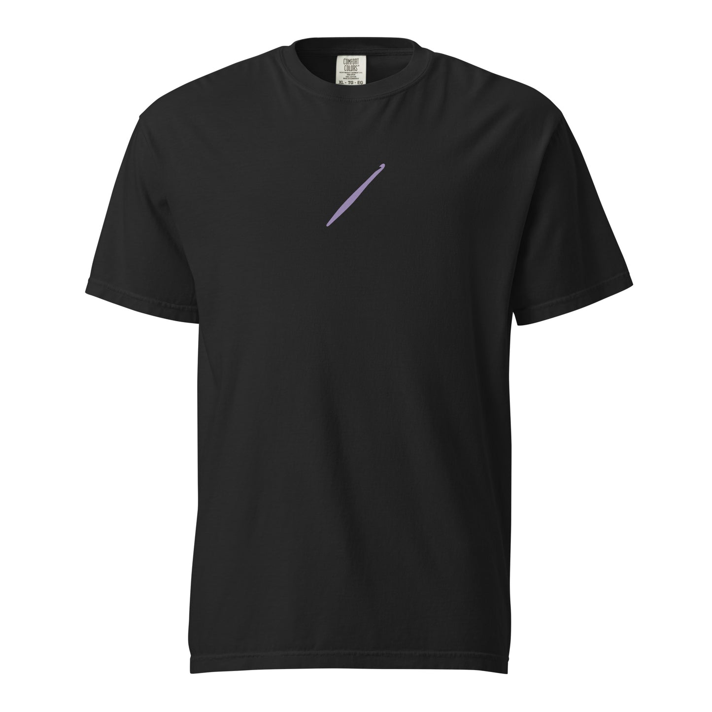 Black Comfort Colors t-shirt with a purple crochet hook on the front